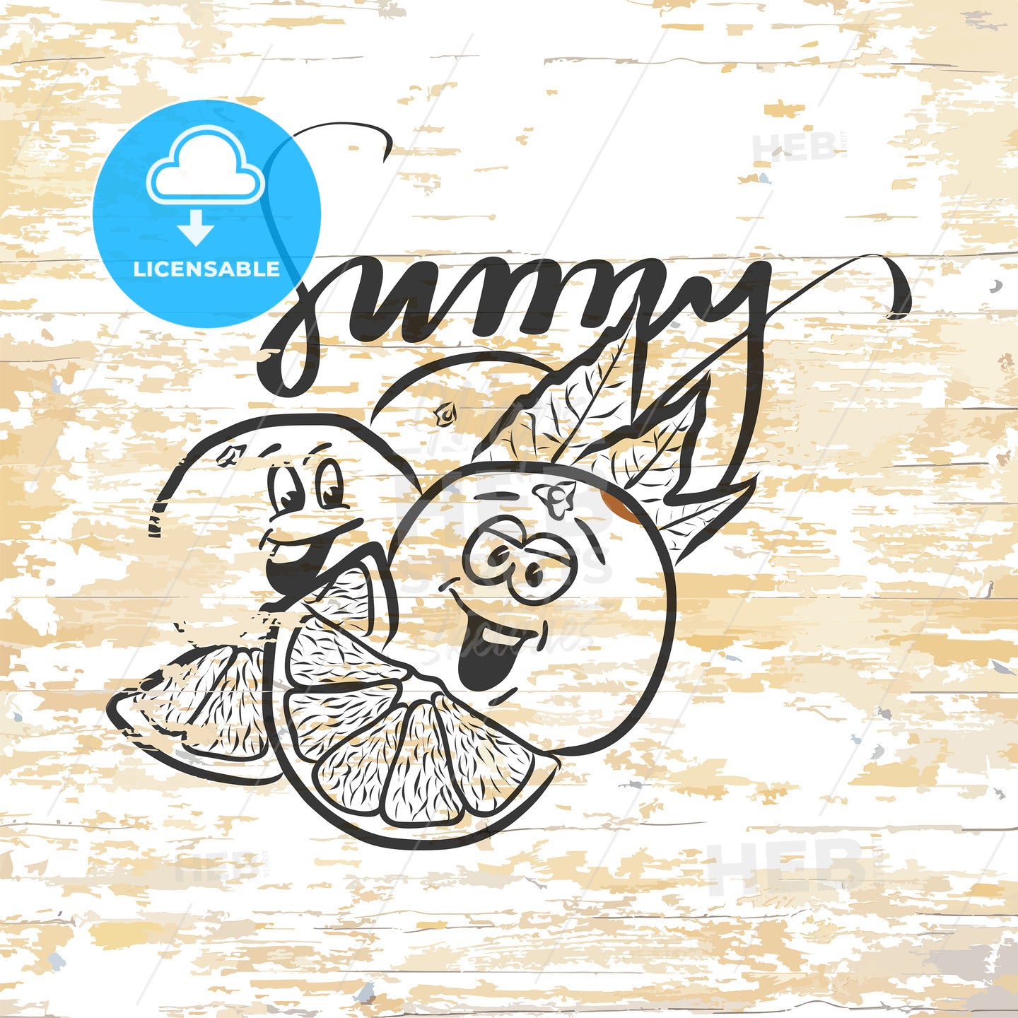 Smiling oranges drawing on wooden background – instant download