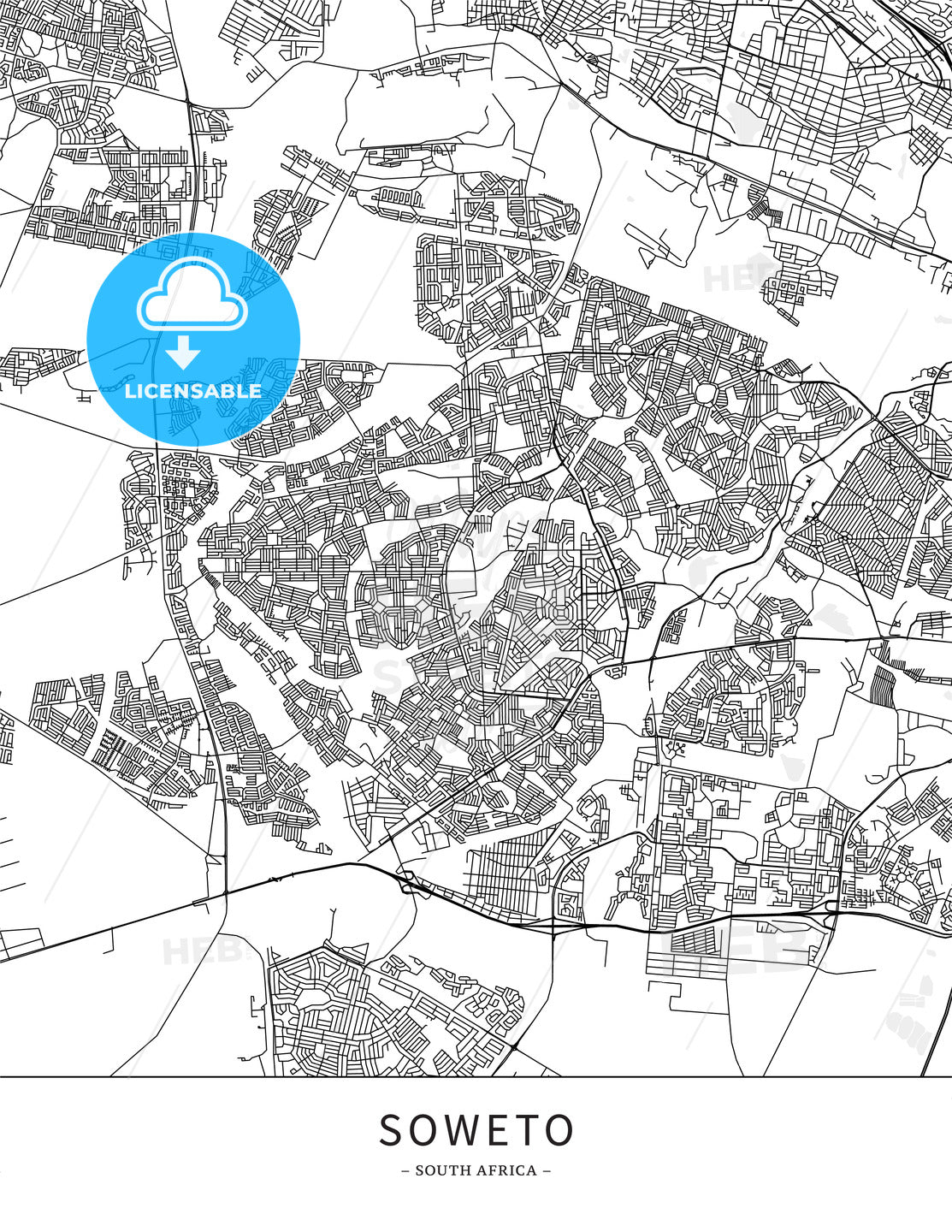 Soweto, South Africa, Map poster borderless print template - HEBSTREITS