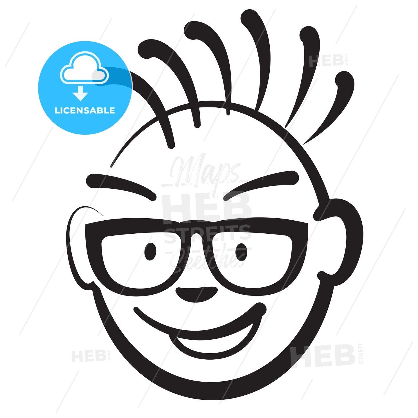 Stick Figure Man with Glasses, Vector Drawing on White Background
