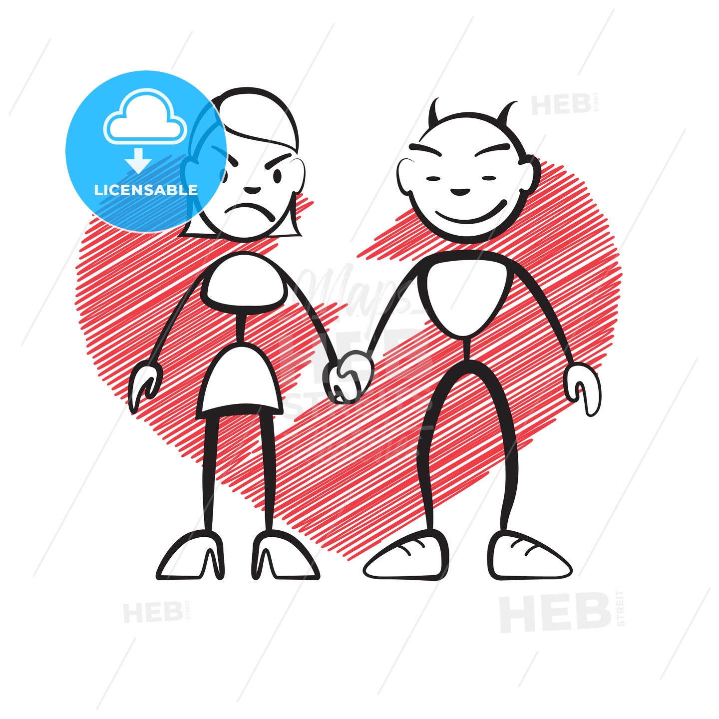 Stick figure woman and devil, broken heart – instant download