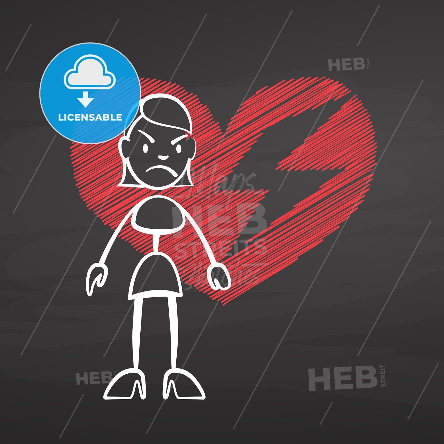 Stick woman heart broken on chalkboard – instant download