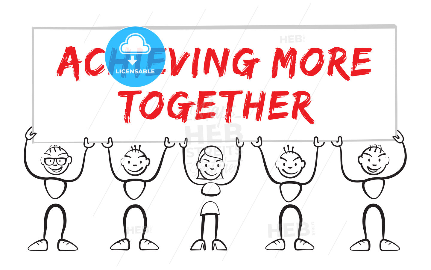 Stickman holding sign with inscription achieving more together – instant download