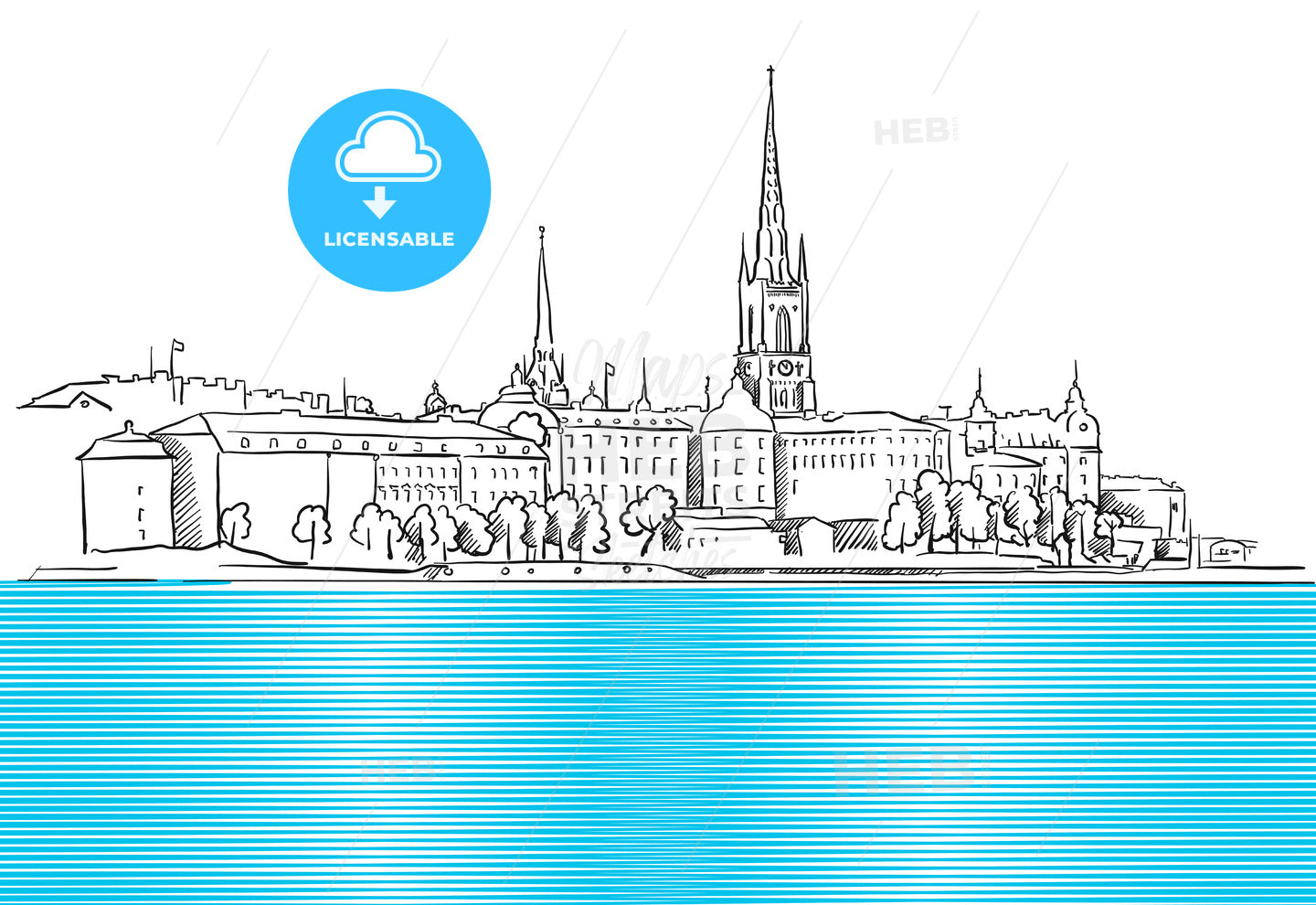 Stockholm Panorama with blue Water Sketch – instant download