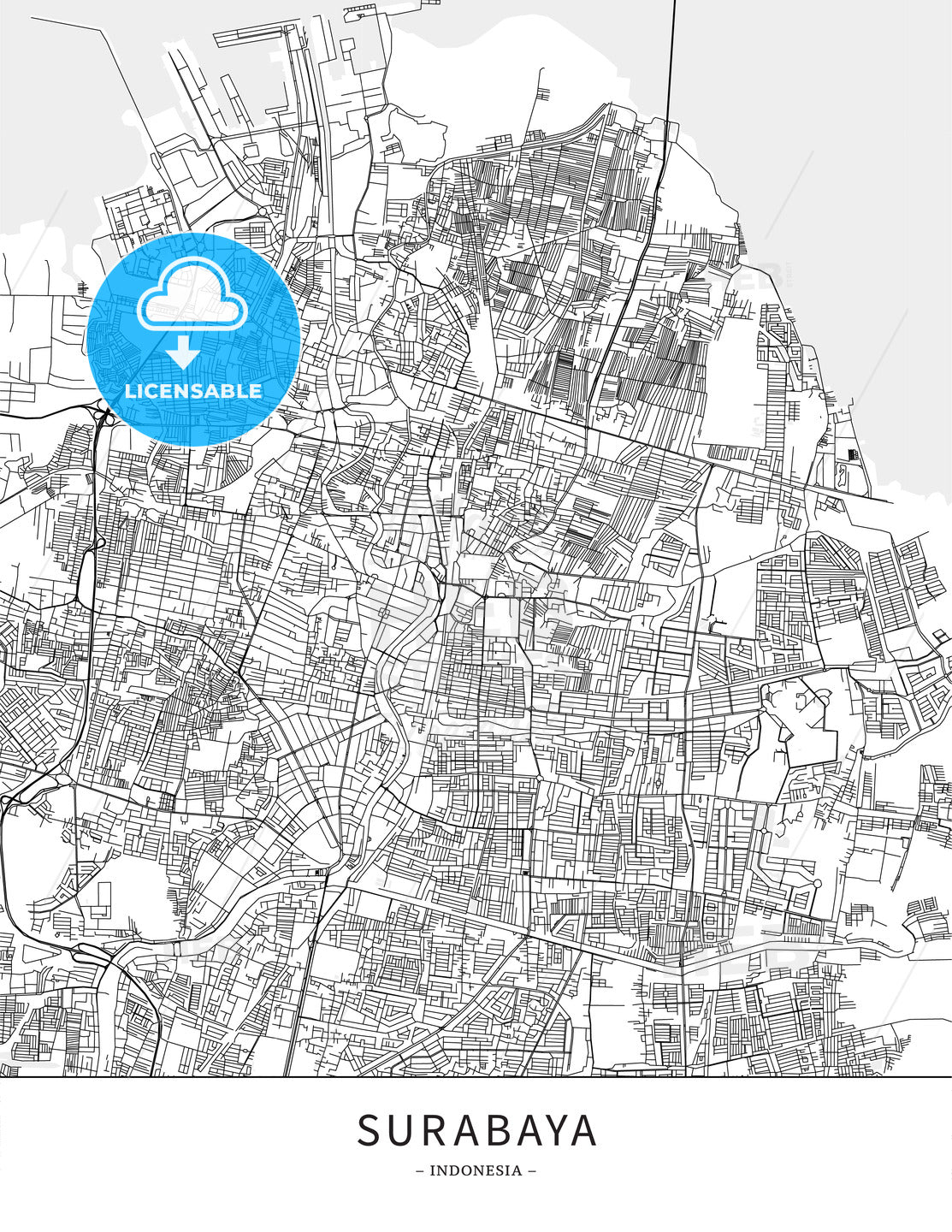 Surabaya, Indonesia, Map poster borderless print template - HEBSTREITS