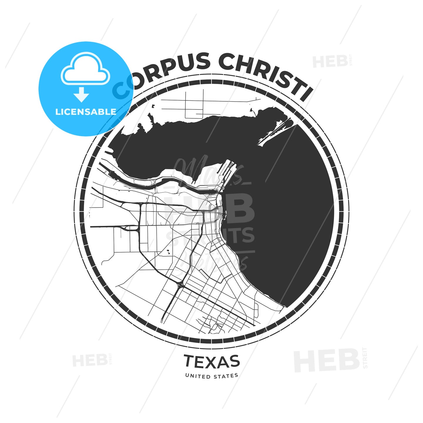 T-shirt map badge of Corpus Christi, Texas - HEBSTREITS