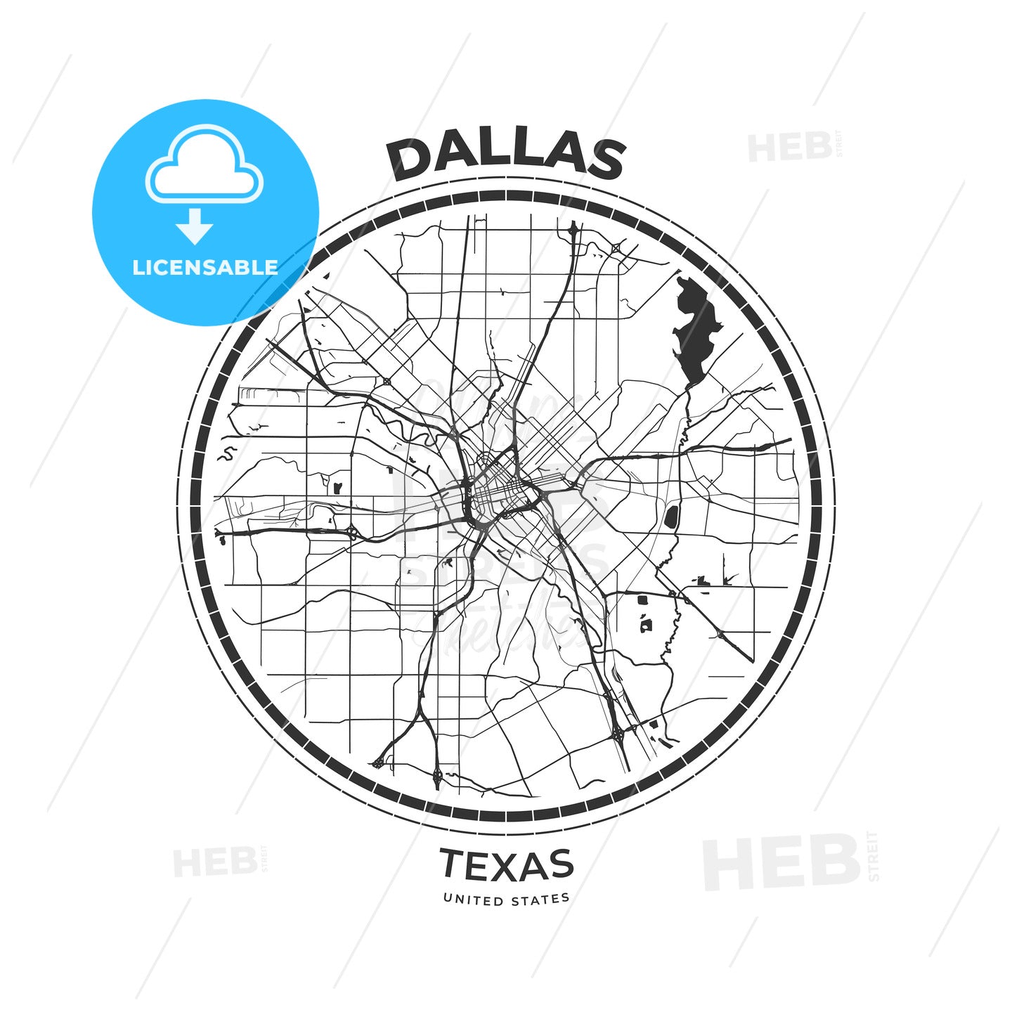 T-shirt map badge of Dallas, Texas - HEBSTREITS