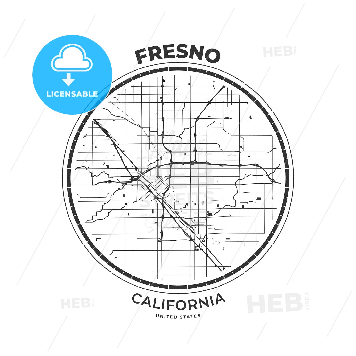 T-shirt map badge of Fresno, California - HEBSTREITS