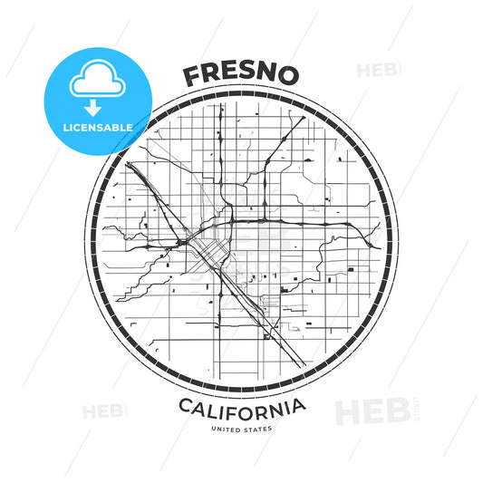 T-shirt map badge of Fresno, California - HEBSTREITS