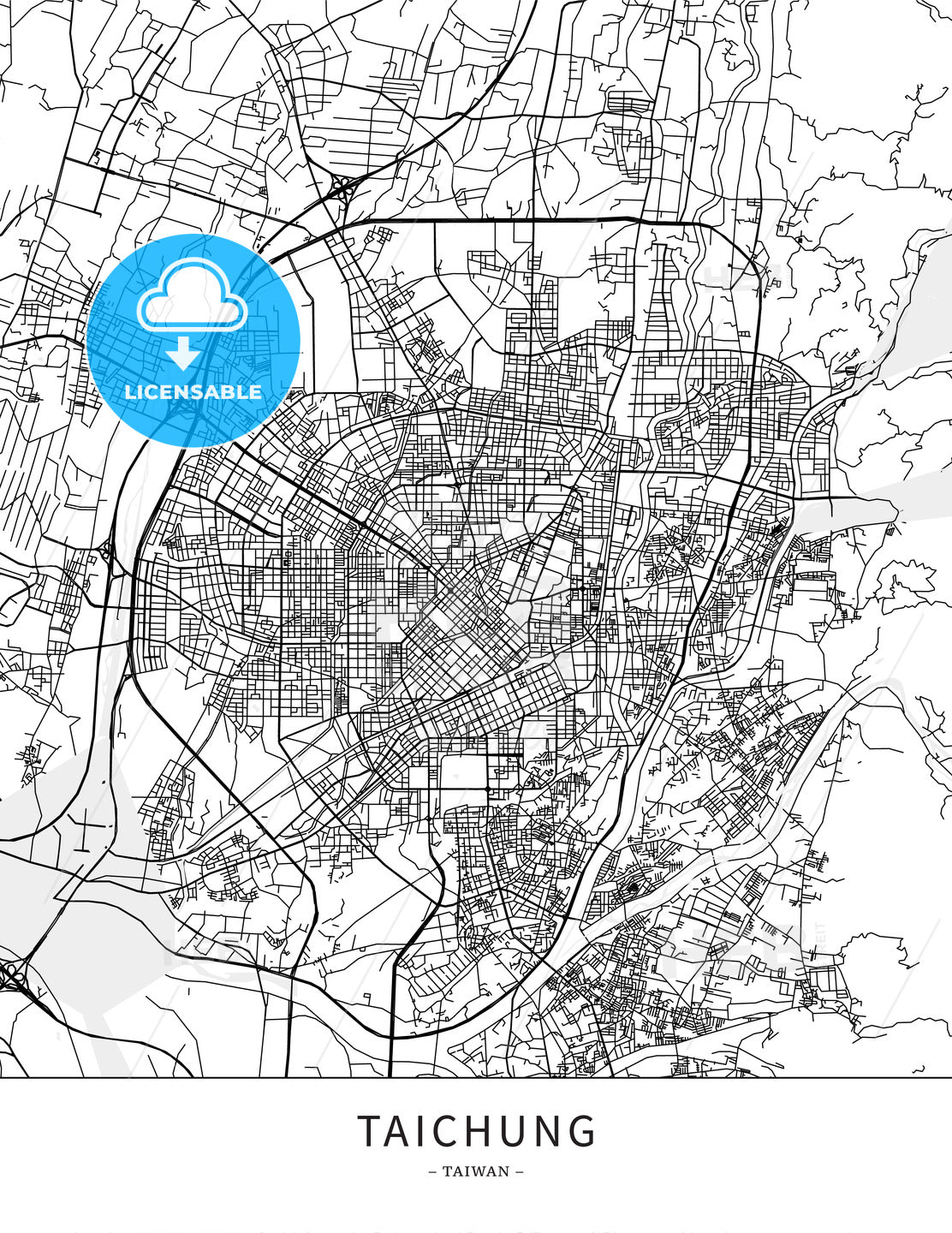 Taichung, Taiwan, Map poster borderless print template - HEBSTREITS