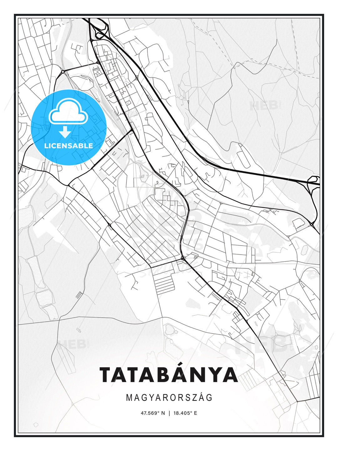 Tatabánya, Hungary, Modern Print Template in Various Formats - HEBSTREITS Sketches