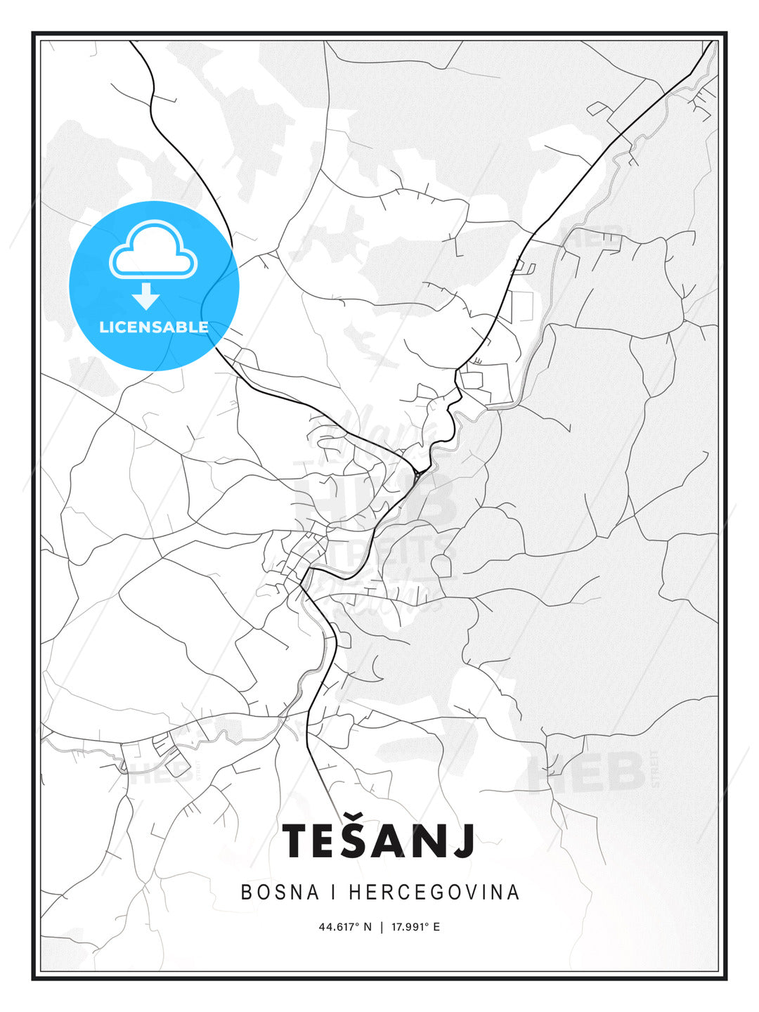 Tešanj, Bosnia and Herzegovina, Modern Print Template in Various Formats - HEBSTREITS Sketches
