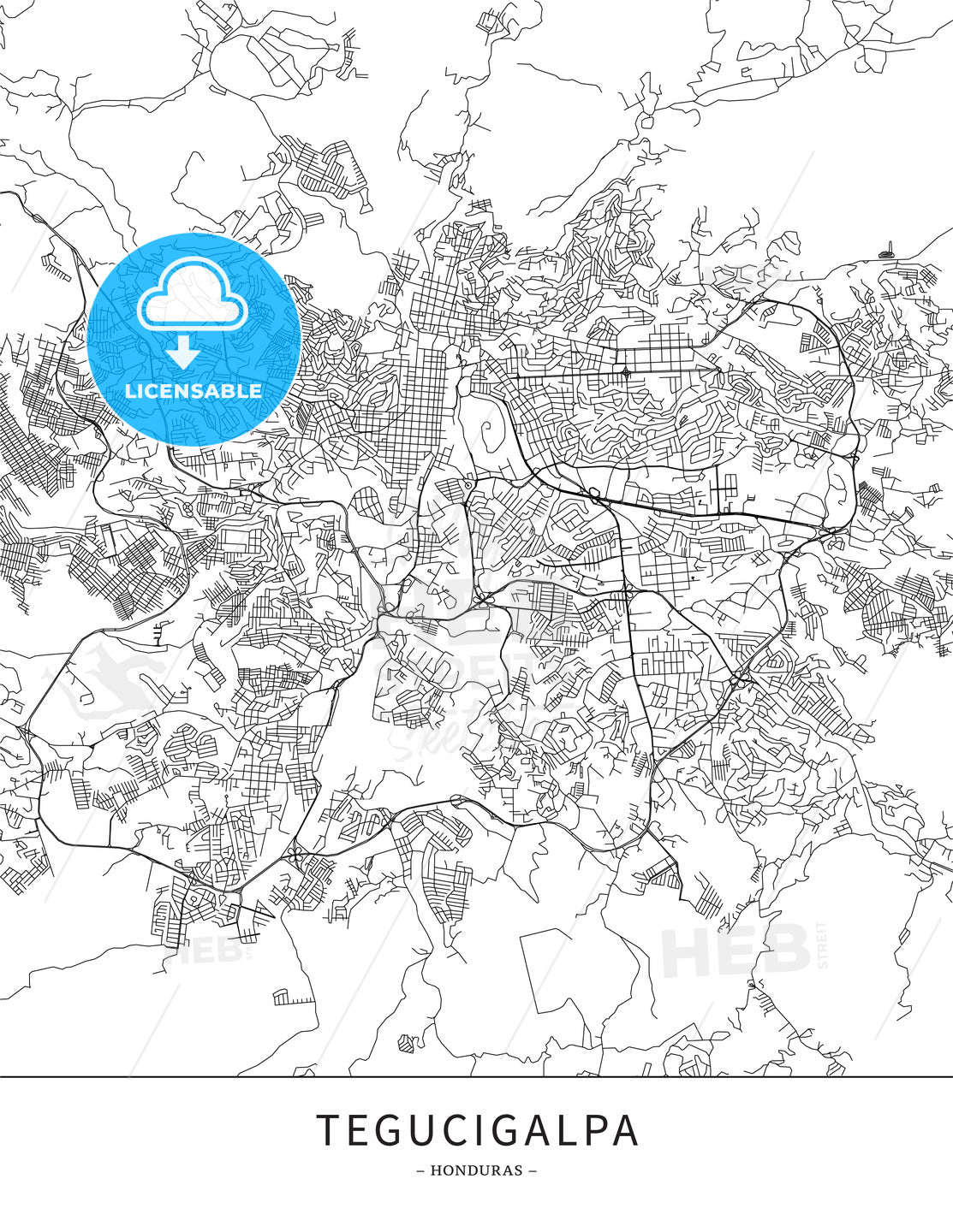 Tegucigalpa, Honduras, Map poster borderless print template - HEBSTREITS