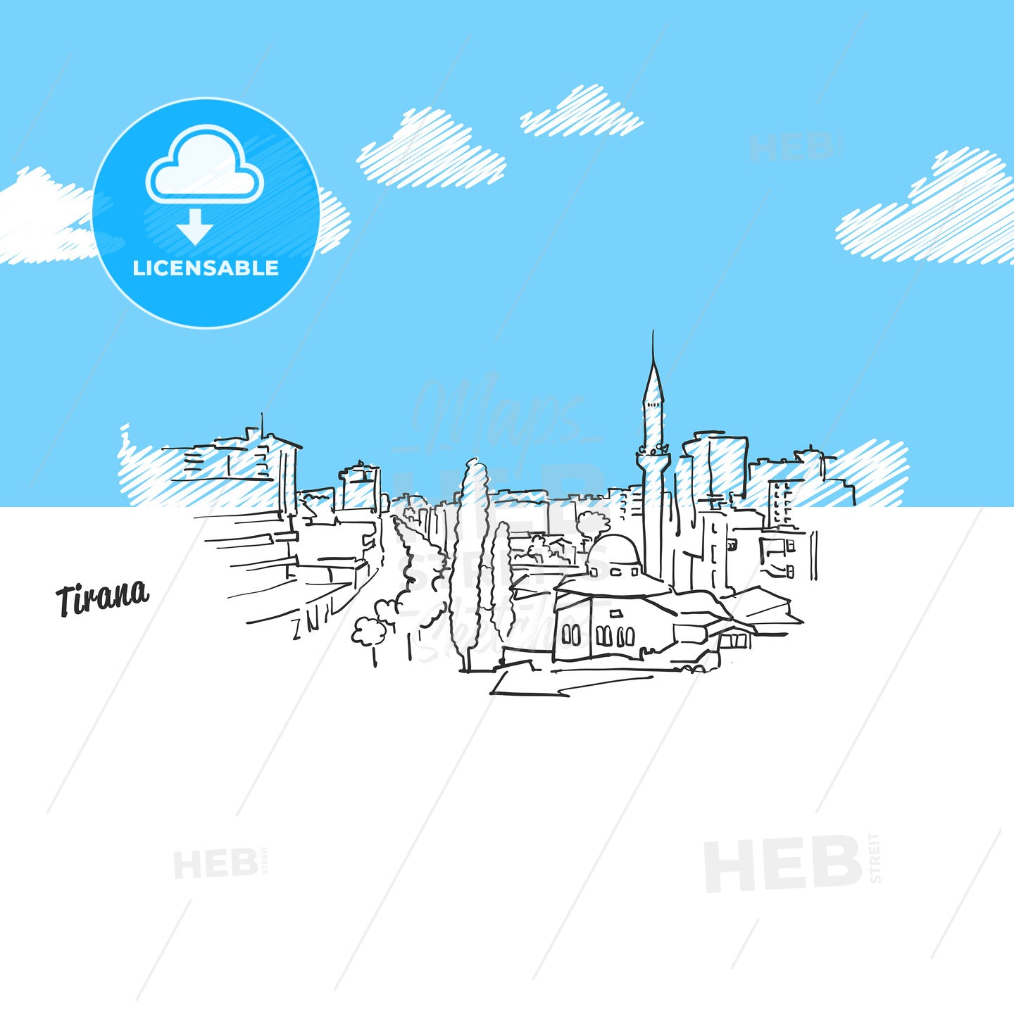 Tirana, Albania Famous Skyline Sketch – instant download