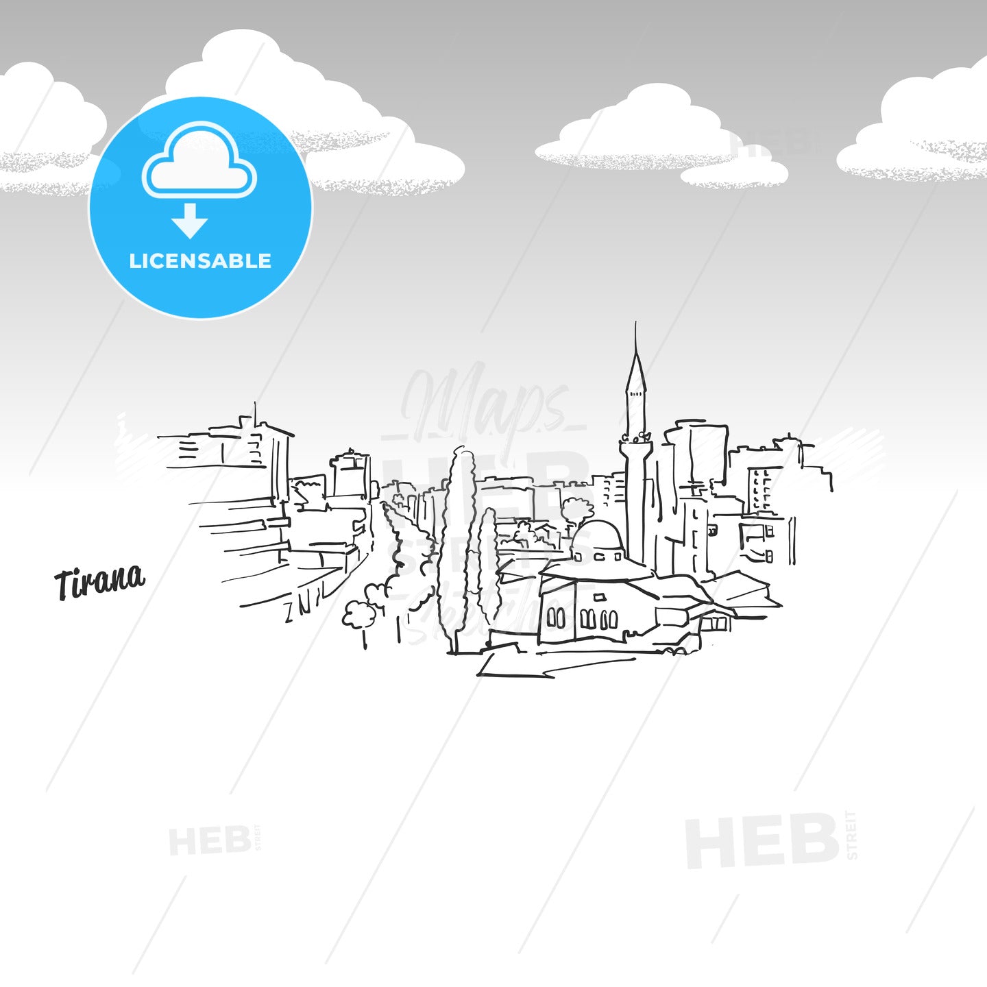 Tirana, Albania Famous Skyline Sketch – instant download