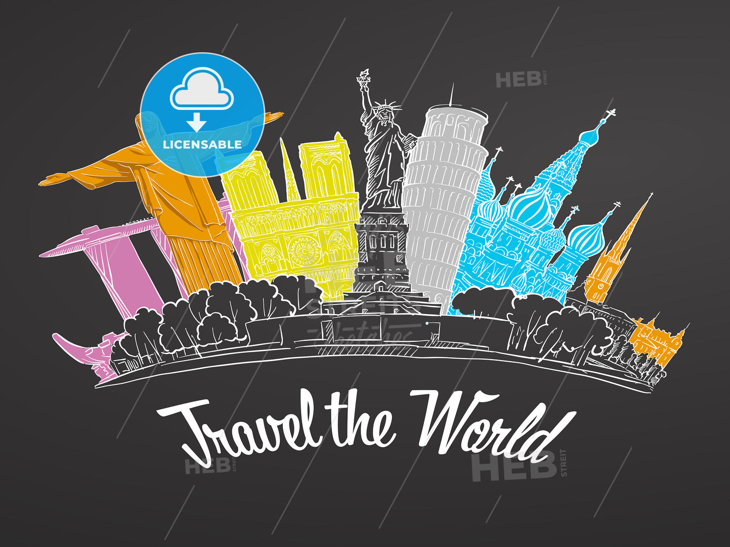 Travel the World Landmarks on Chalkboard – instant download