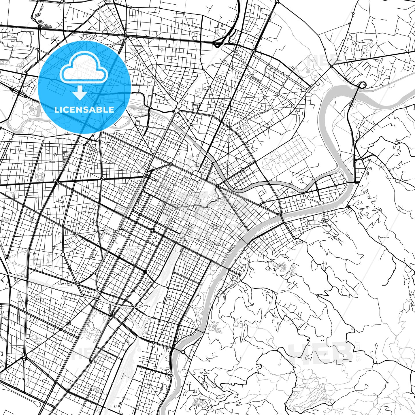 Turin, Piedmont, downtown map, light