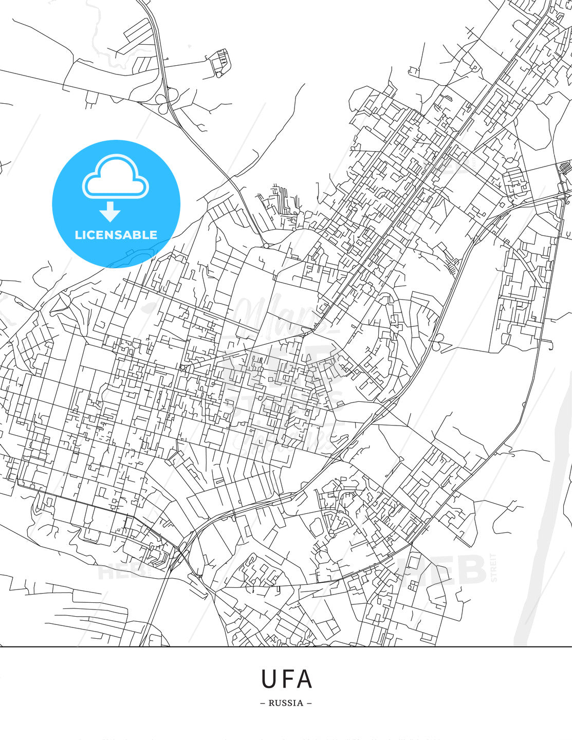 Ufa, Russia, Map poster borderless print template - HEBSTREITS
