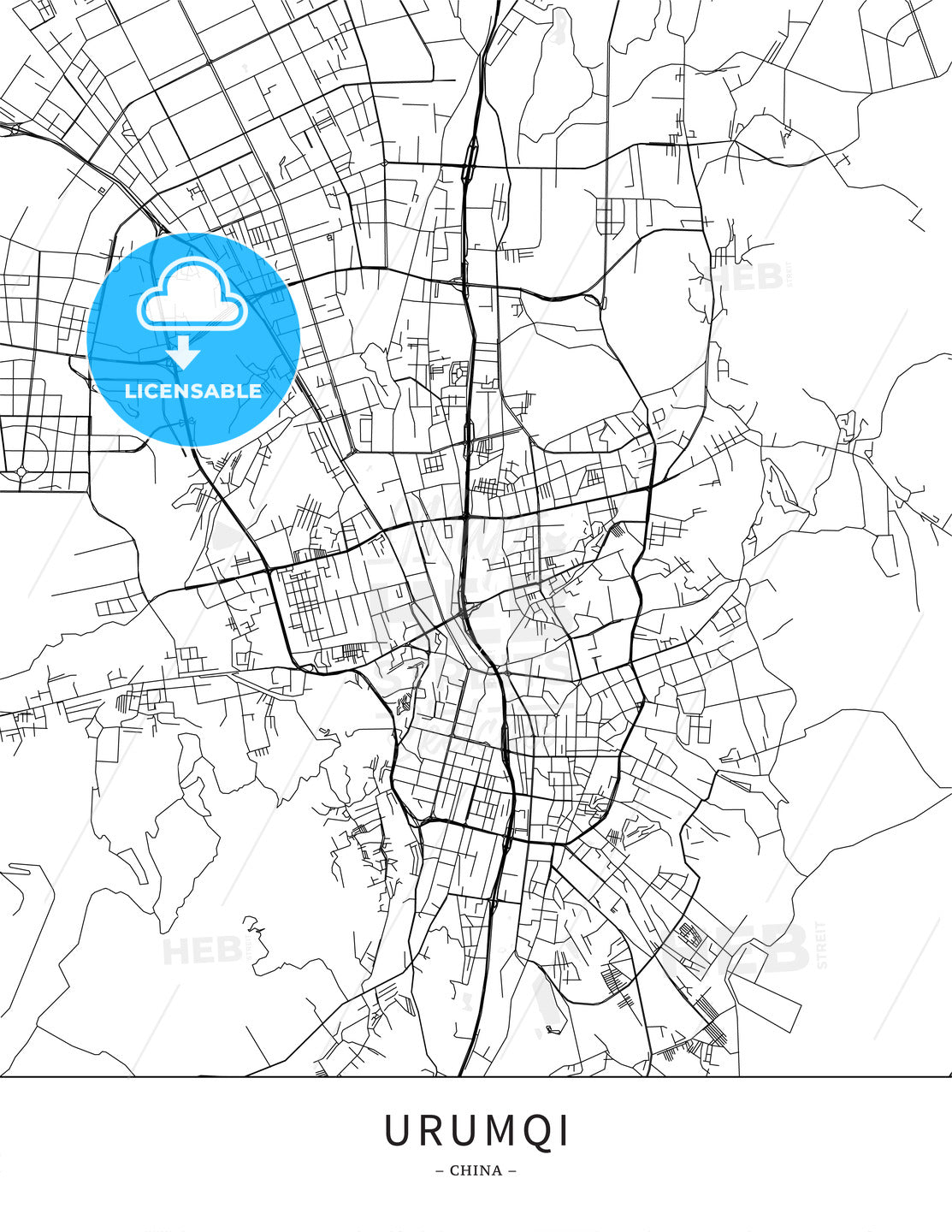 Urumqi, China, Map poster borderless print template - HEBSTREITS