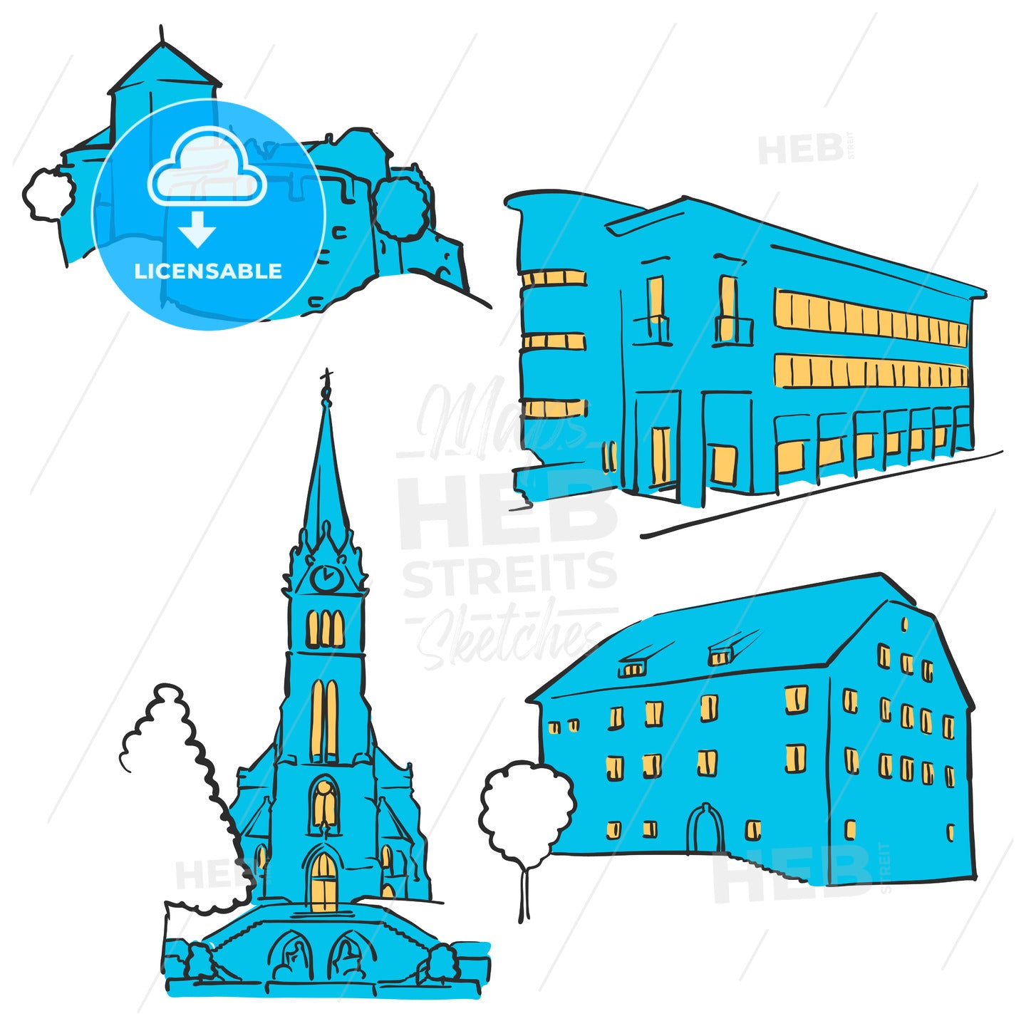 Vaduz Liechtenstein Colored Landmarks – instant download