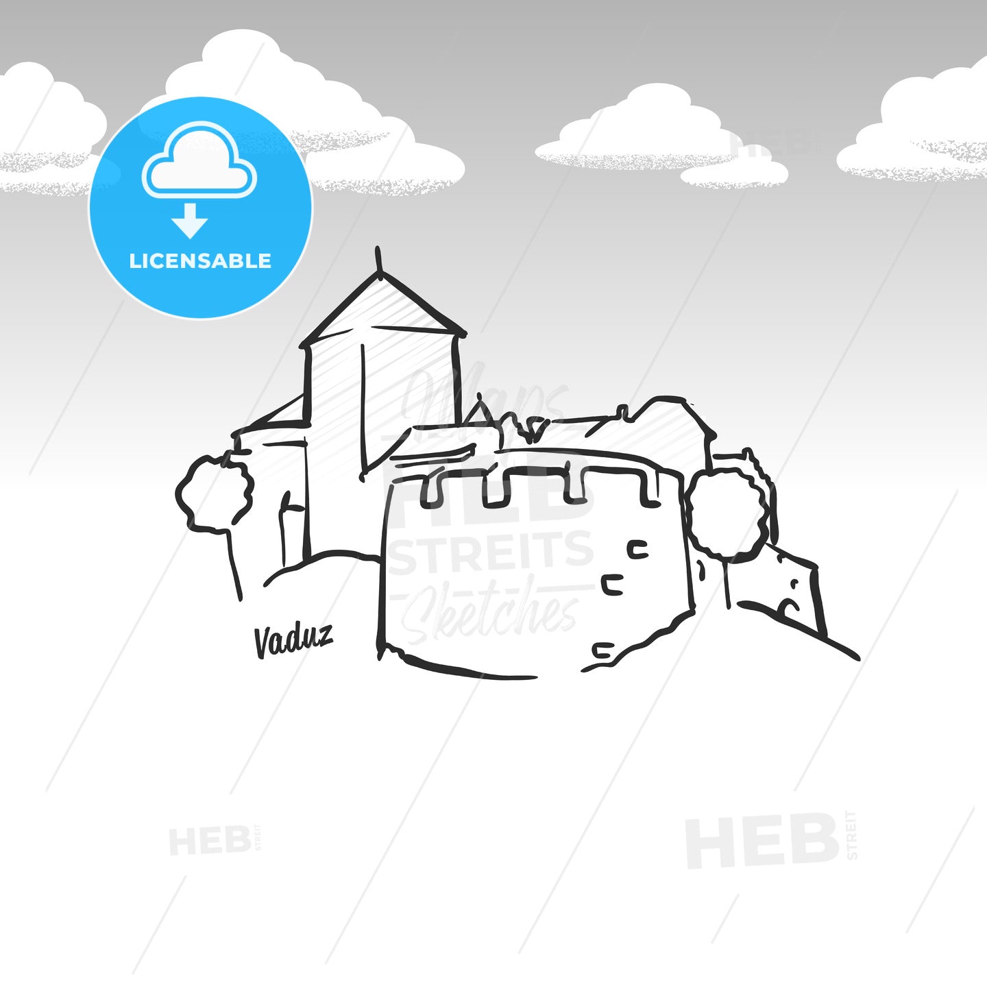 Vaduz, Liechtenstein famous landmark sketch – instant download