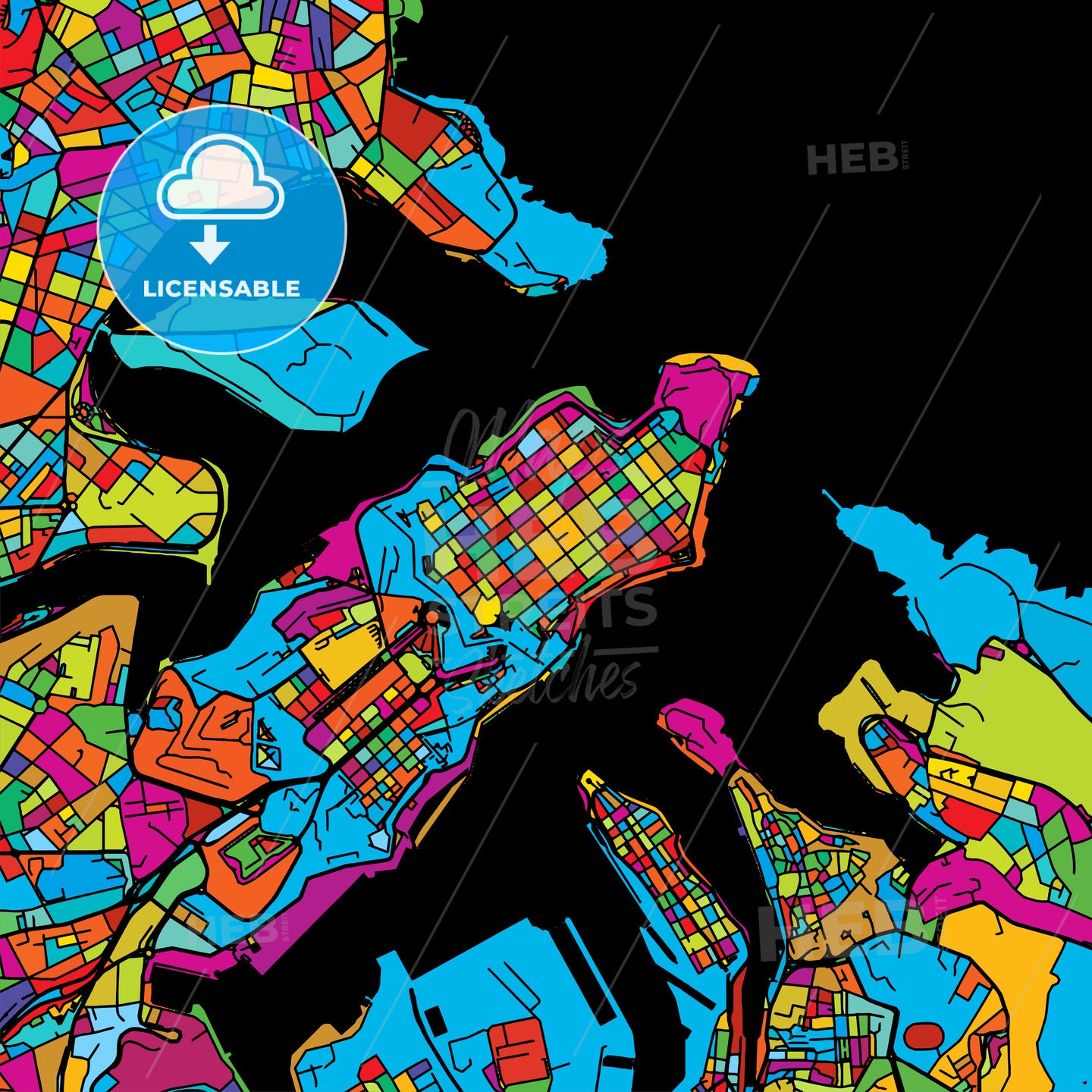 Valetta, Malta, Colorful Vector Map on Black