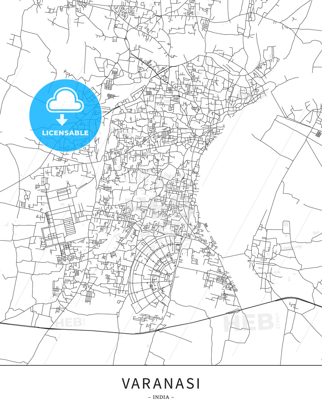 Varanasi, India, Map poster borderless print template - HEBSTREITS