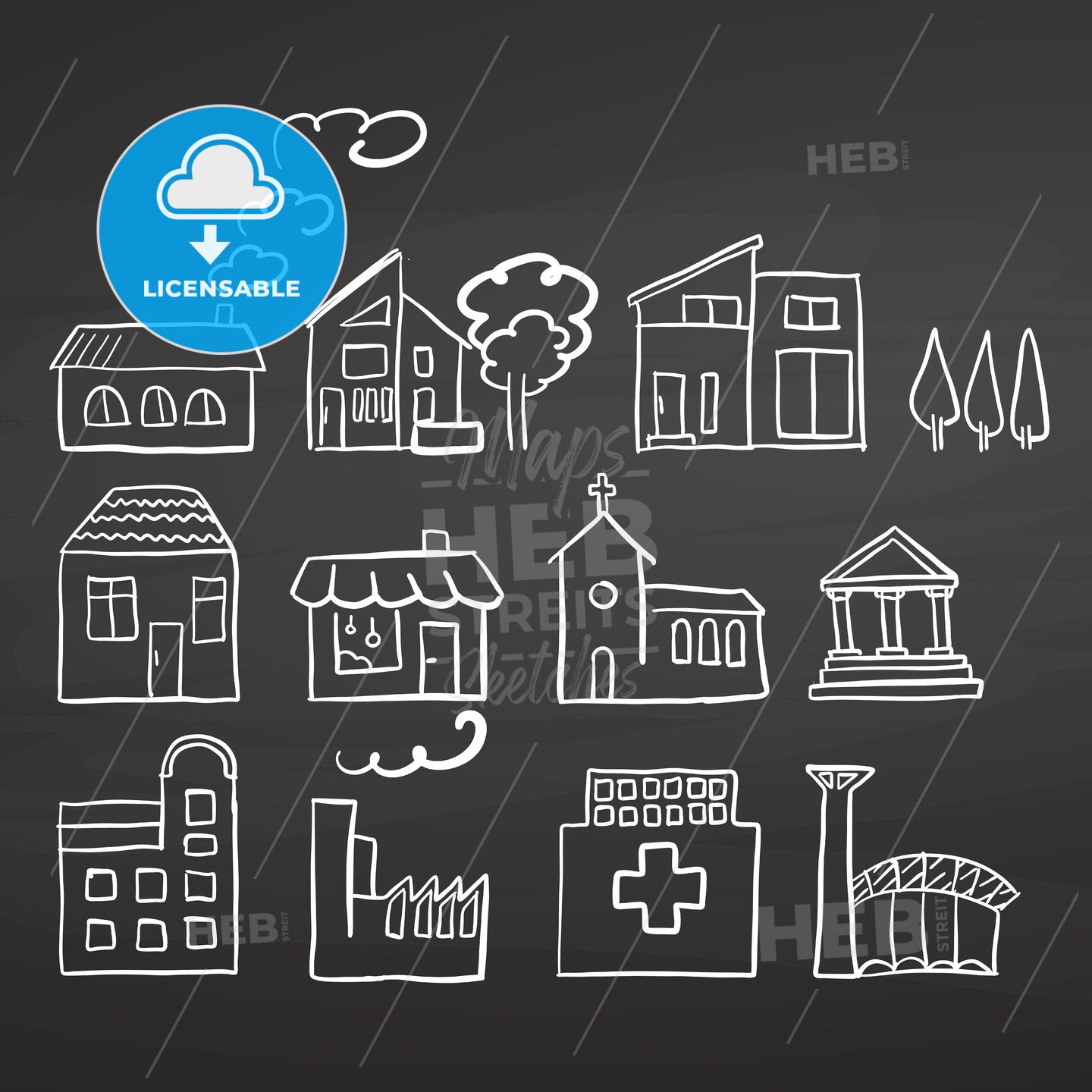 Various House sizes. Doodles on chalkboard. – instant download