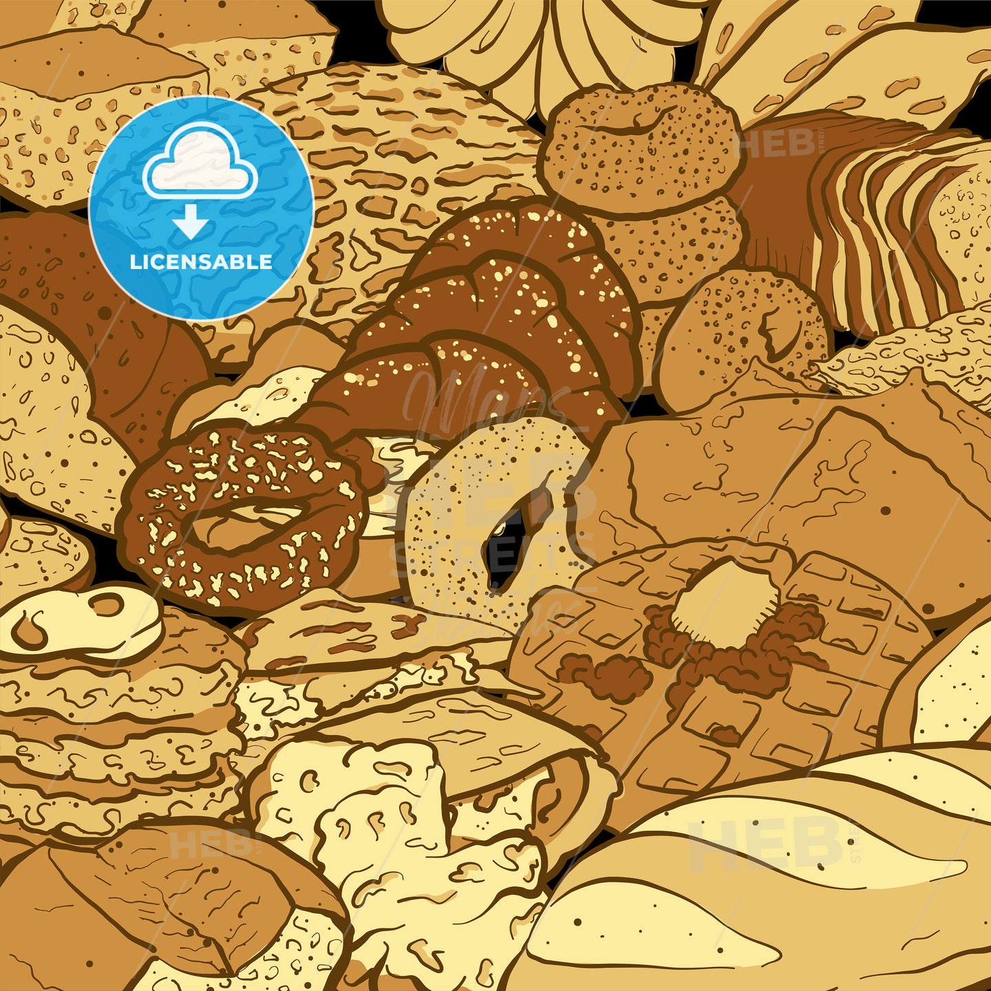 Very detailed vector sketch of a composition with different types of bread on blackboard – instant download
