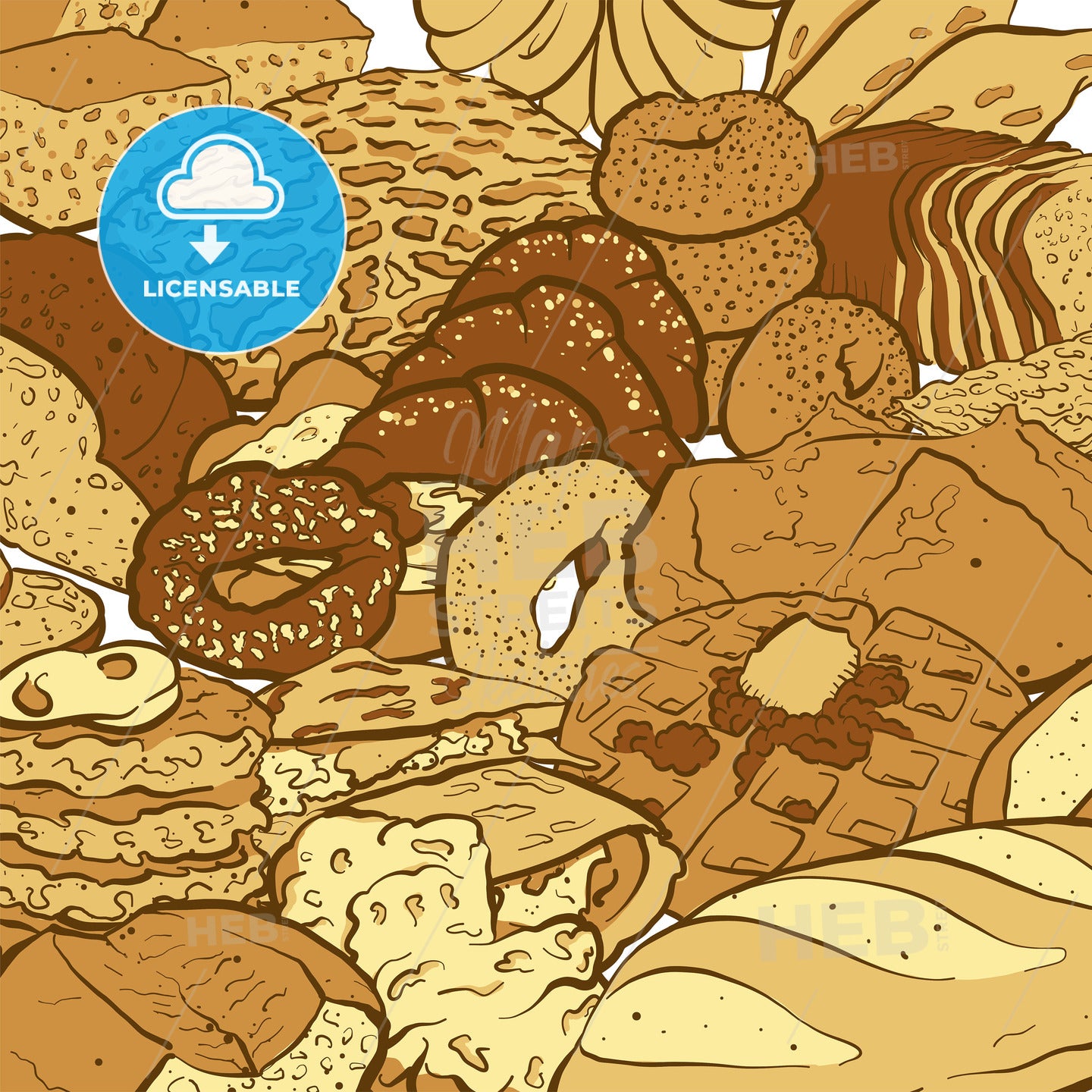 Very detailed vector sketch of a composition with different types of bread on white – instant download