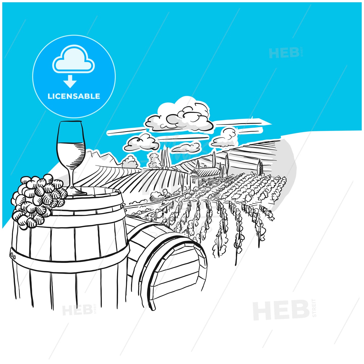 Vineyard landscape with glass drawing – instant download