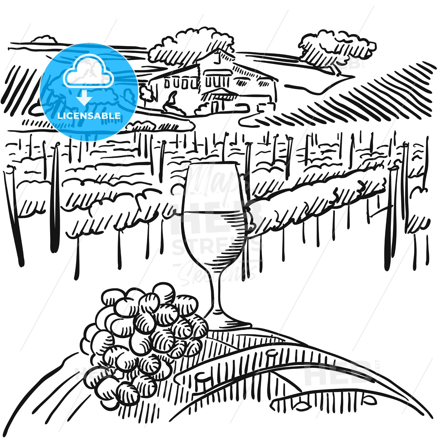 Vineyard with hills and Glass of Vine in Foreground – instant download
