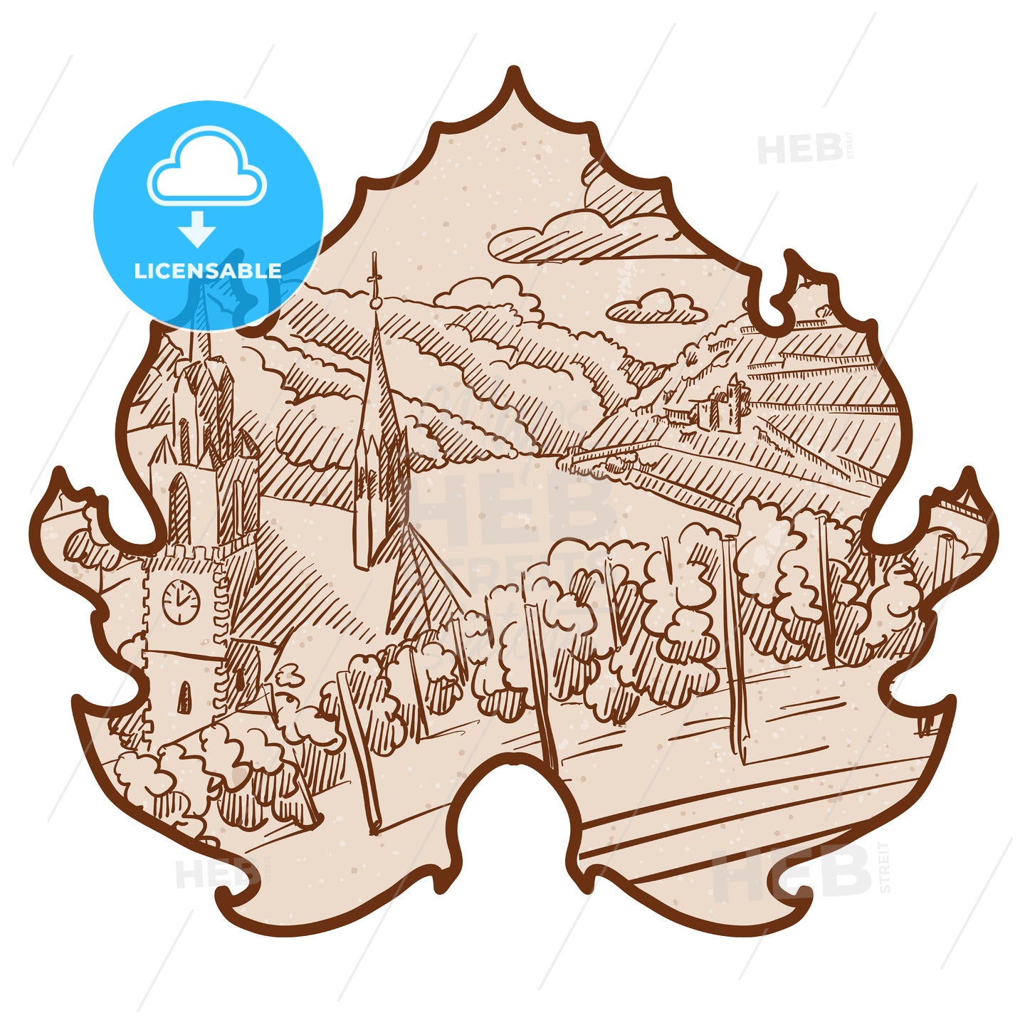 Vintage German Vineyard Landscape Sketch in Wine Leaf – instant download