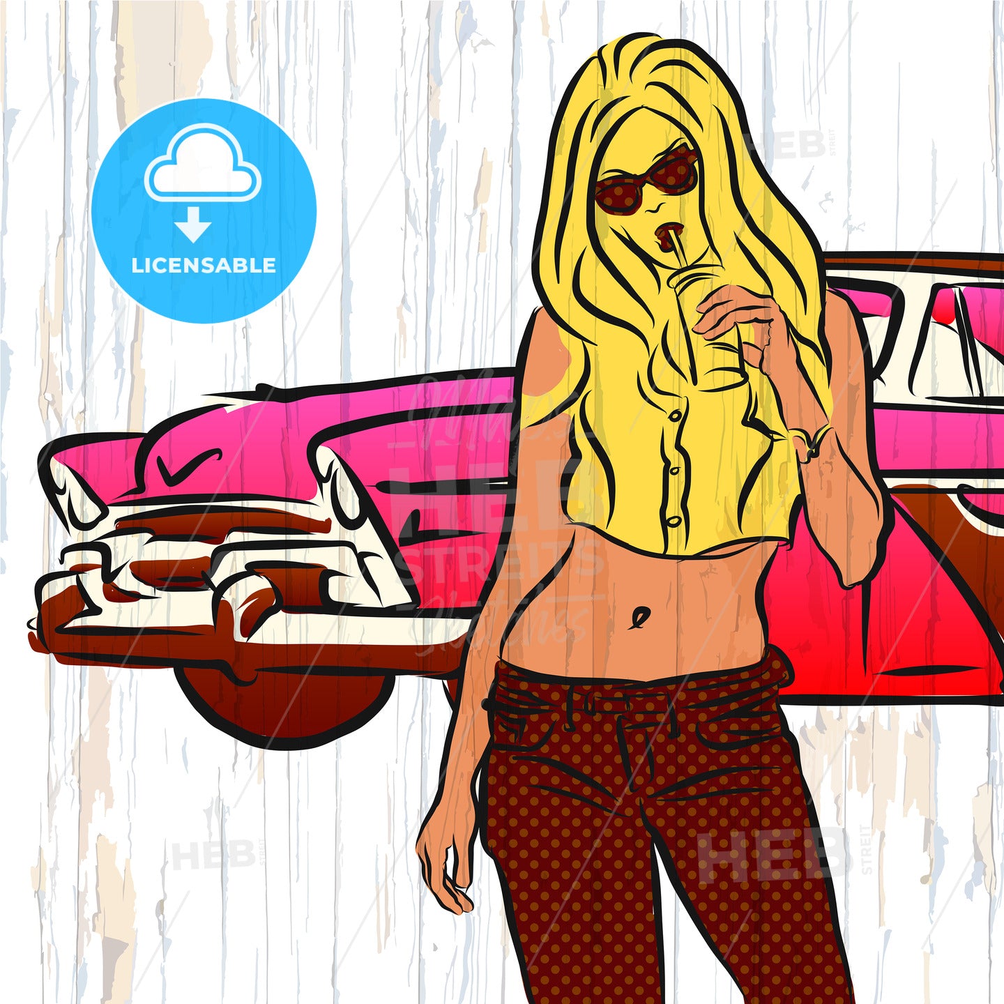 Vintage car and girl on wooden background – instant download