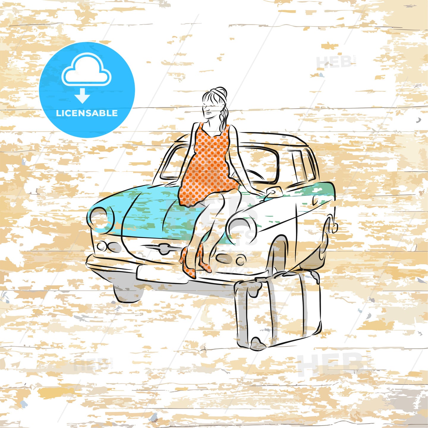 Vintage girl and car on wooden background – instant download