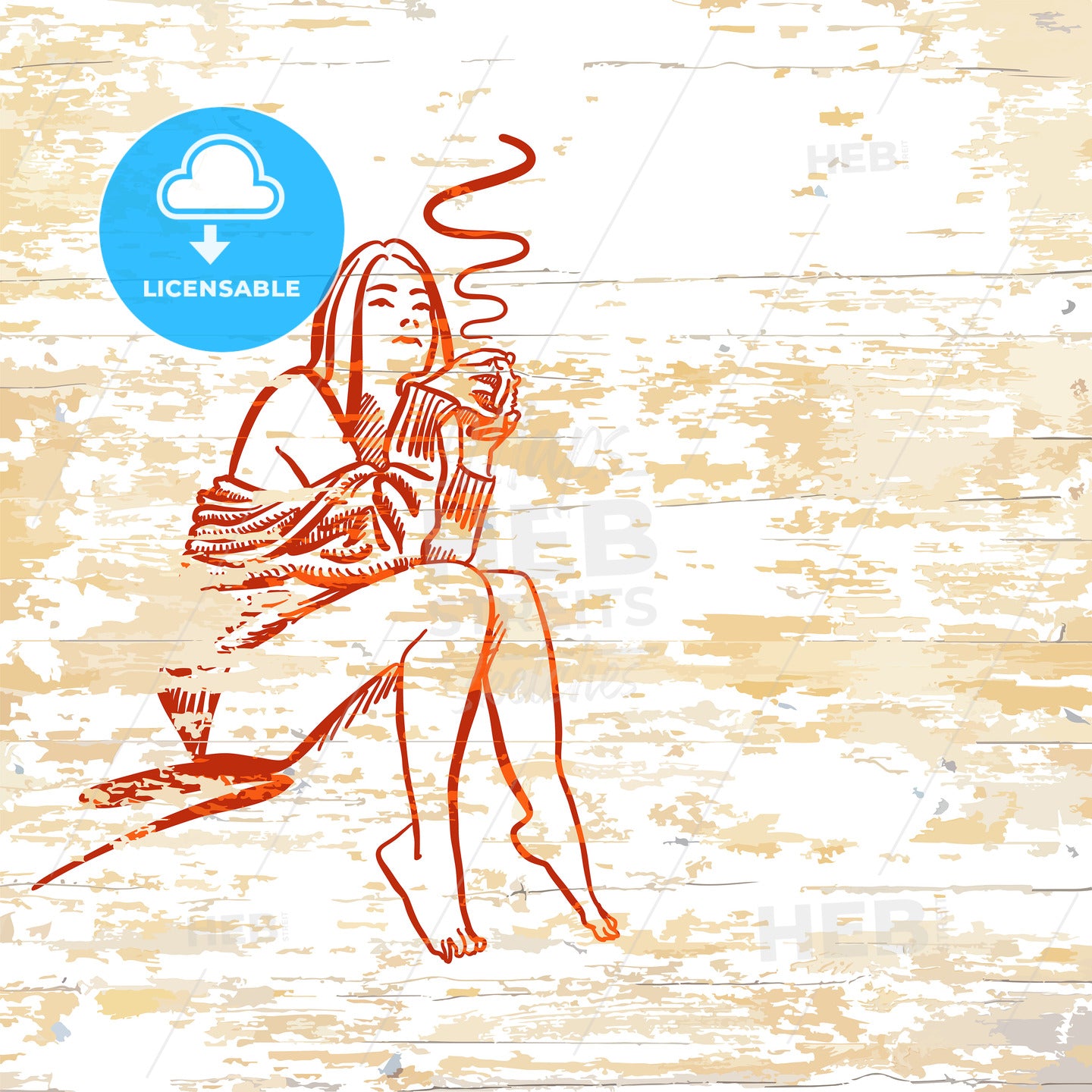 Vintage girl drinking coffee on wooden background – instant download
