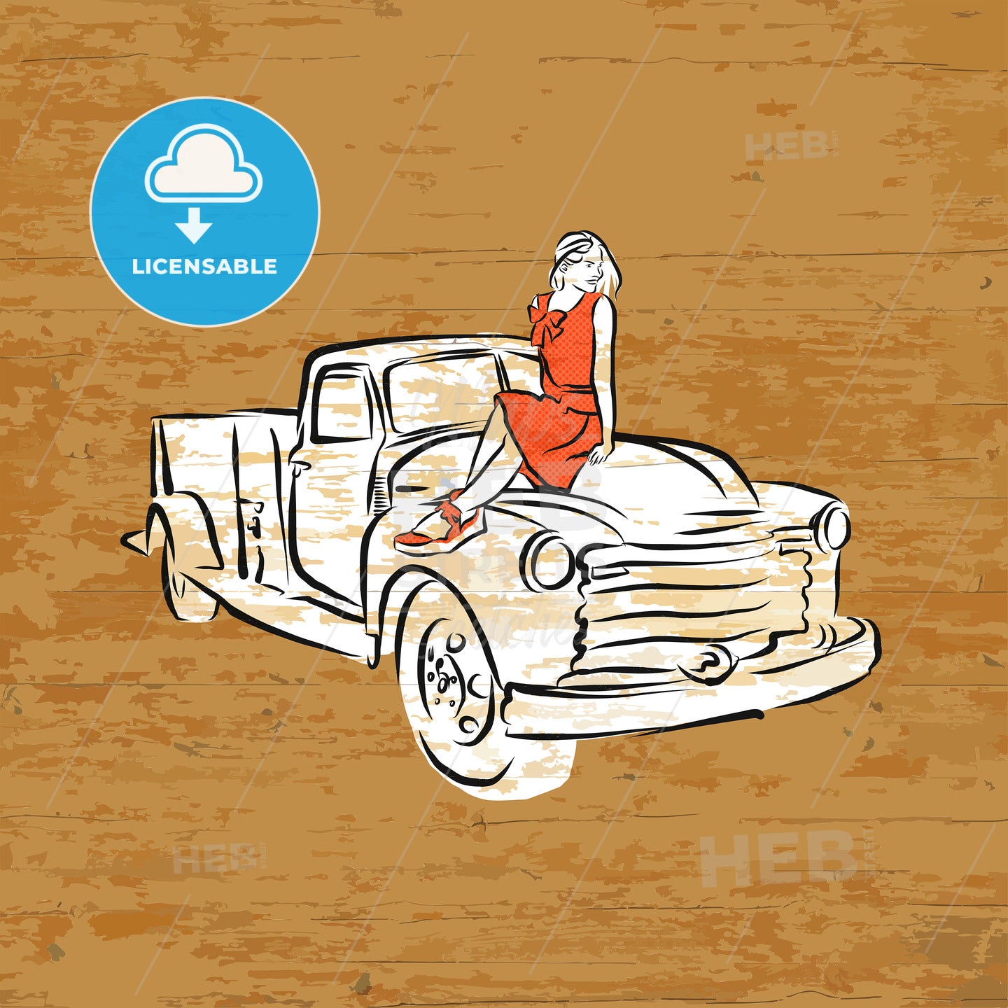 Vintage pickup truck on wooden background – instant download