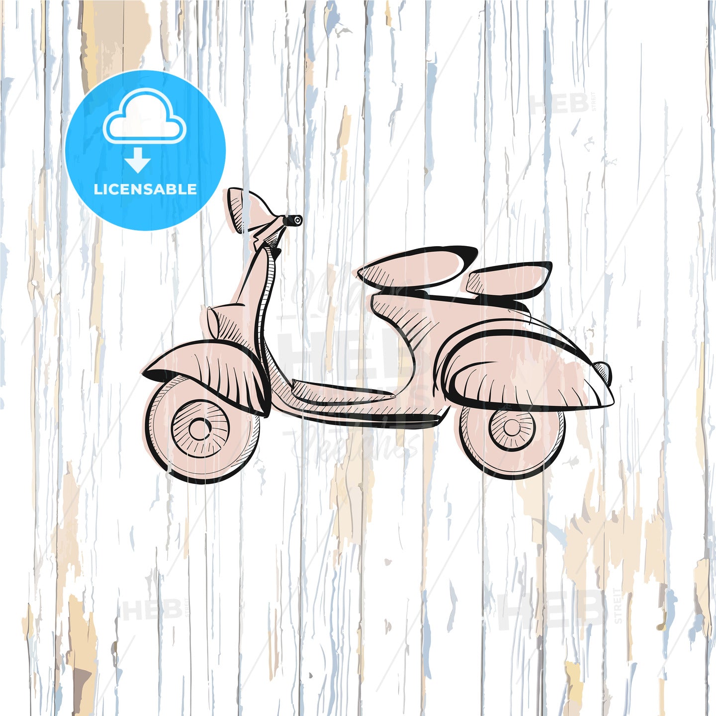 Vintage scooter drawing on wooden background – instant download