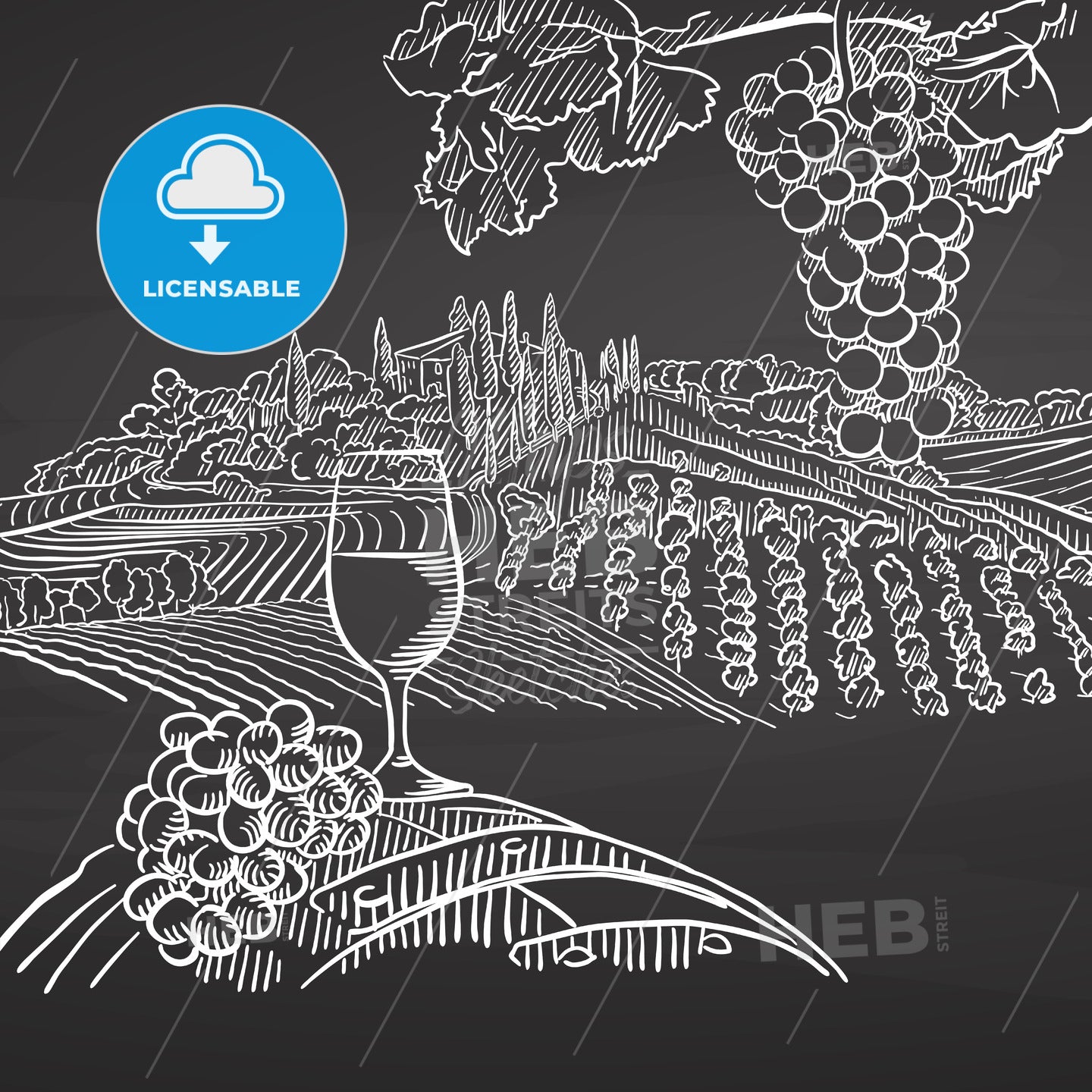 Vintage wine and landscape on chalkboard – instant download