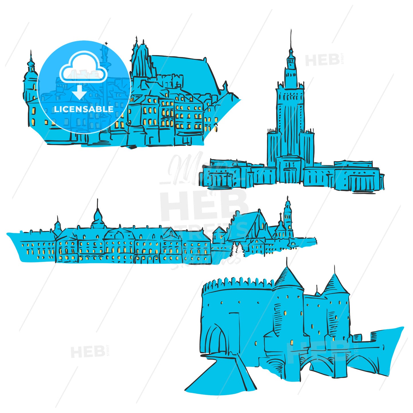 Warsaw, Poland, Colored Landmarks – instant download