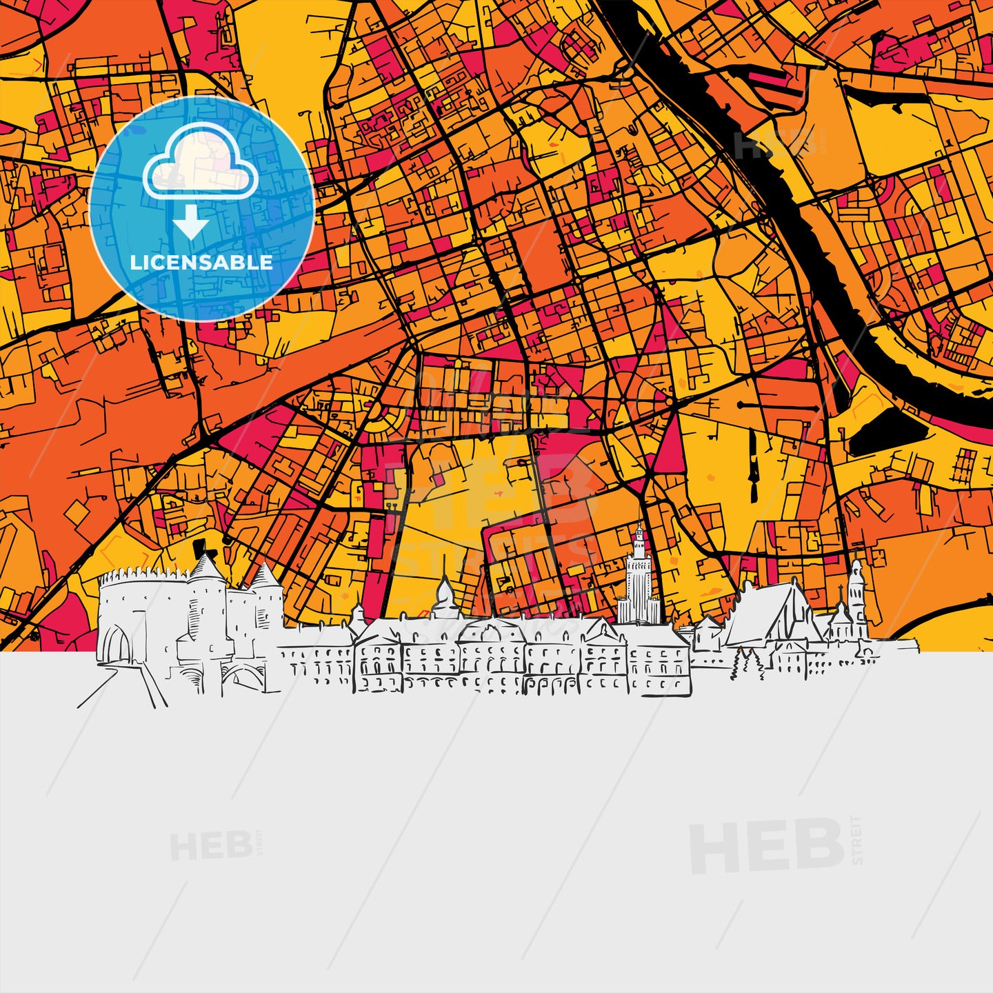 Warsaw, Poland, Skyline Map