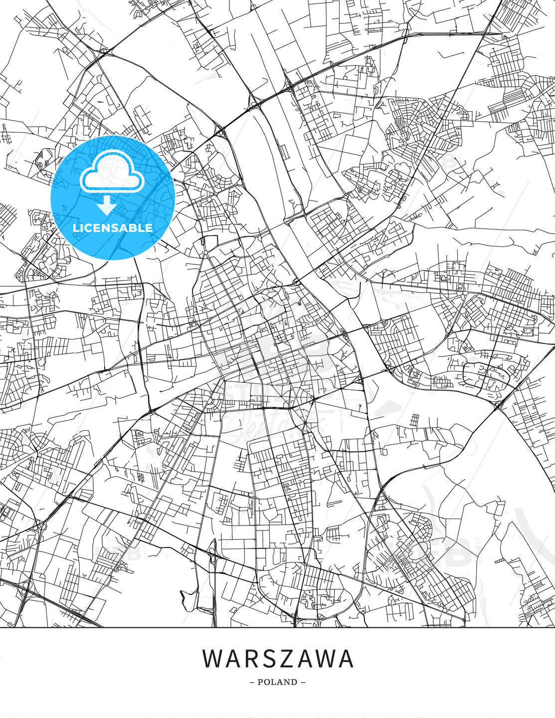 Warszawa, Poland, Map poster borderless print template - HEBSTREITS