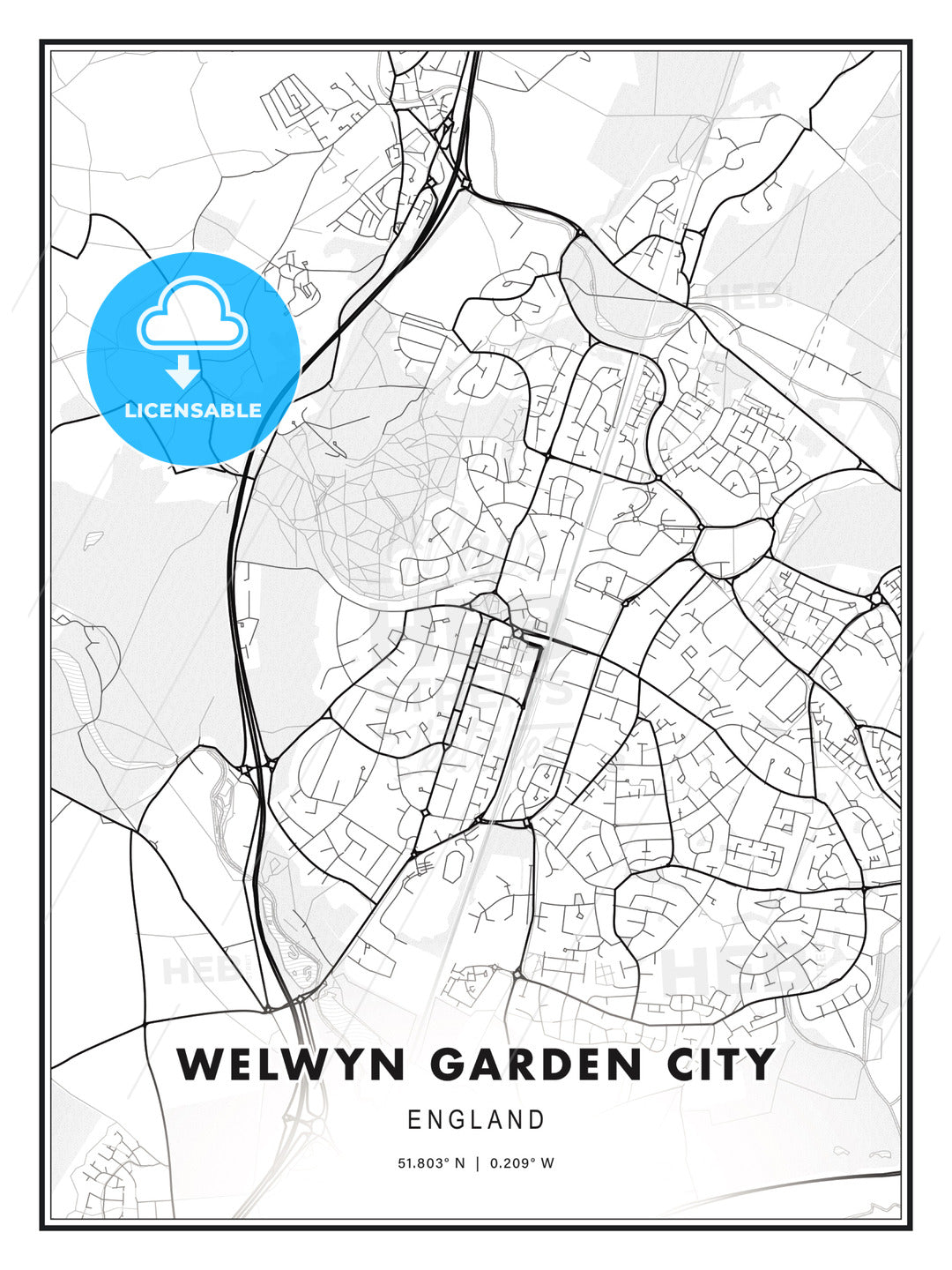 Welwyn Garden City, England, Modern Print Template in Various Formats - HEBSTREITS Sketches