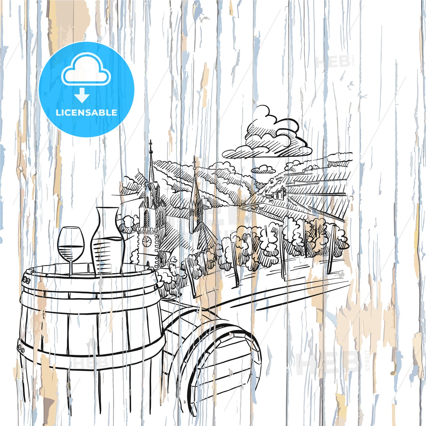 Wine and vineyard on wooden background – instant download