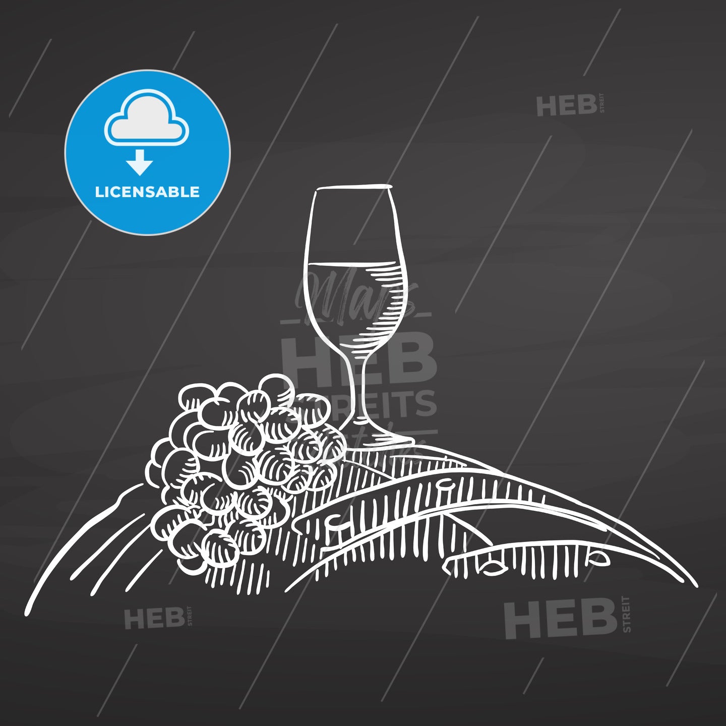 Wine glass and grapes on barrel. Chalk on chalkboard – instant download