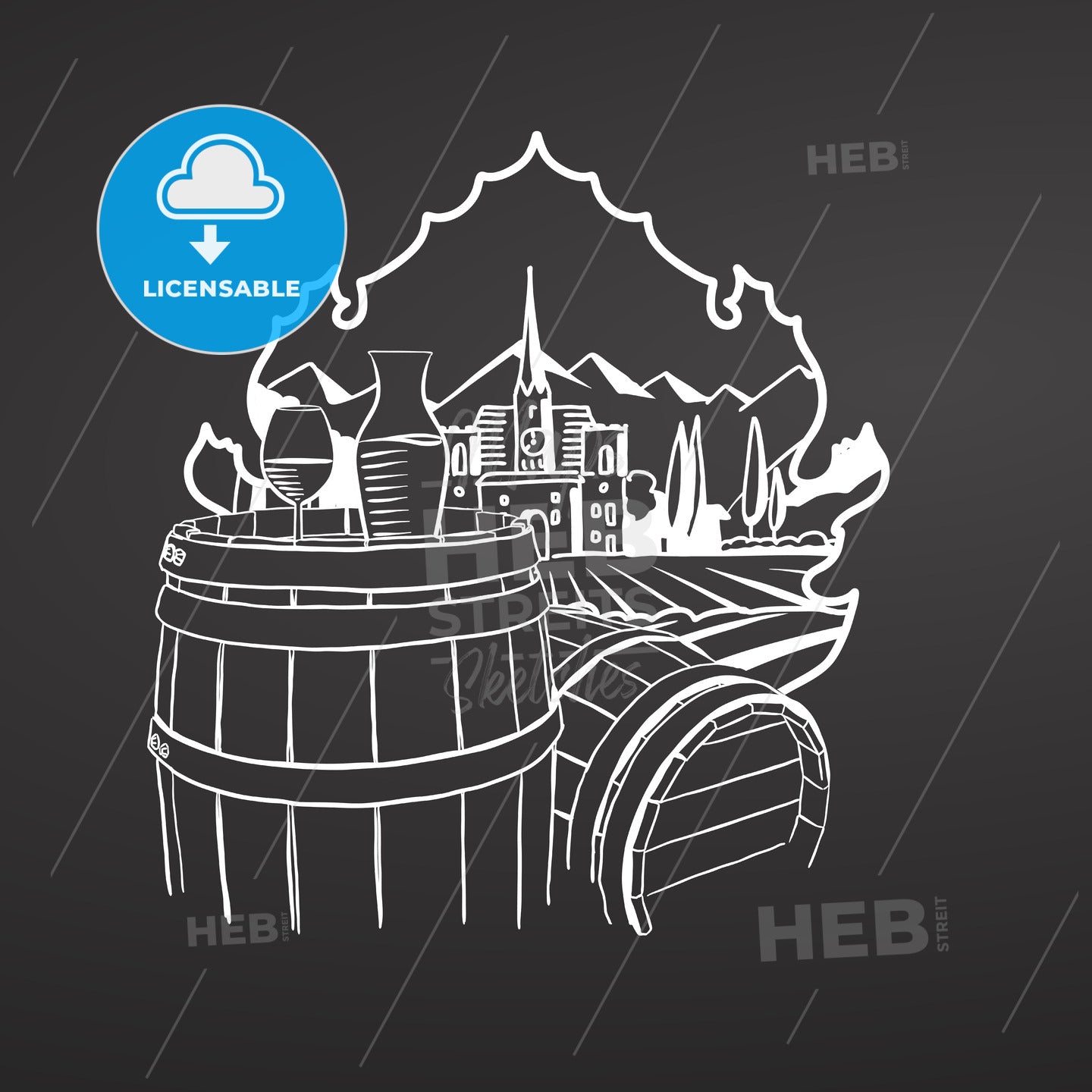 Wine on barrels. Chalk on blackboard – instant download