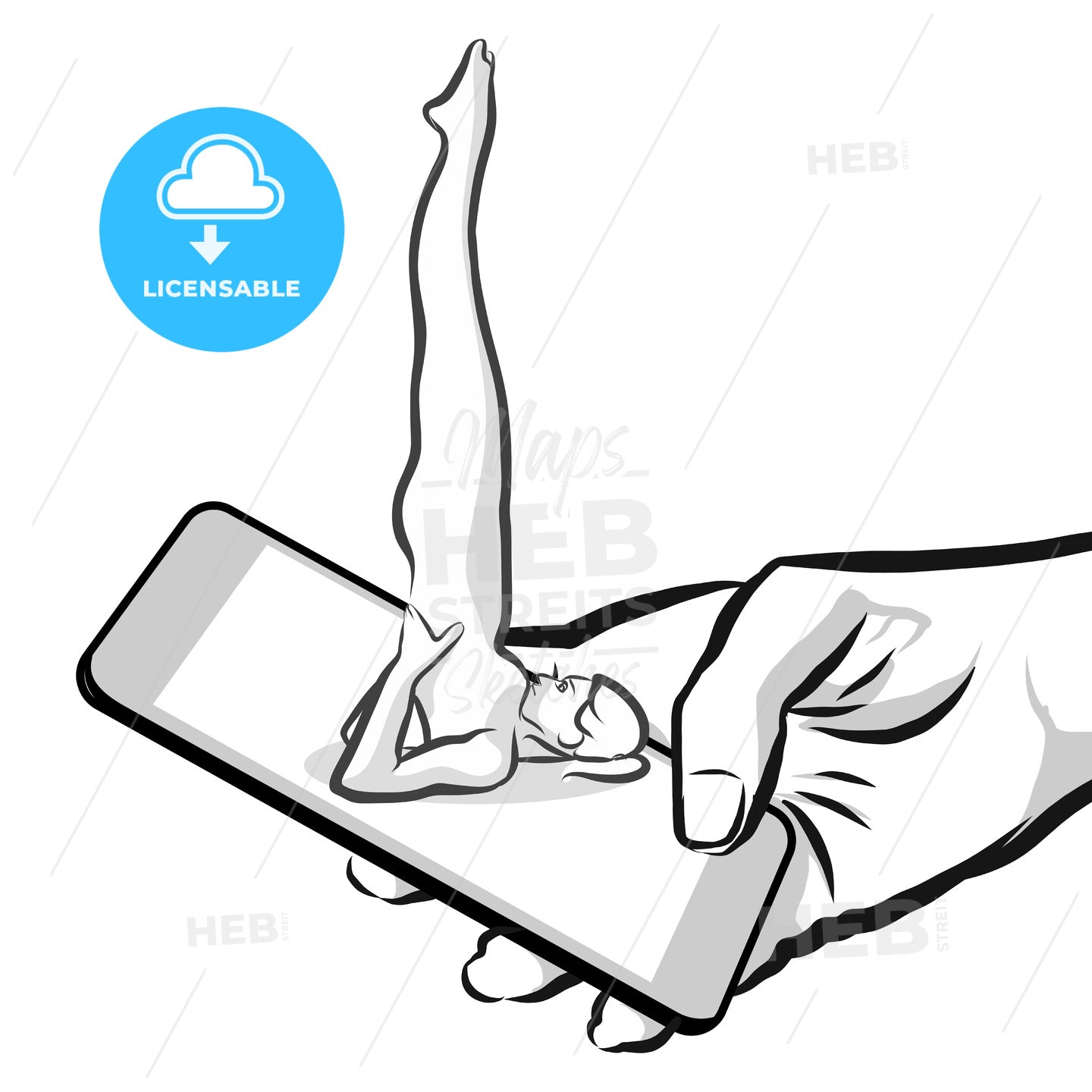 Woman exercises shoulder stand yoga on smarthone, Concept Drawing – instant download