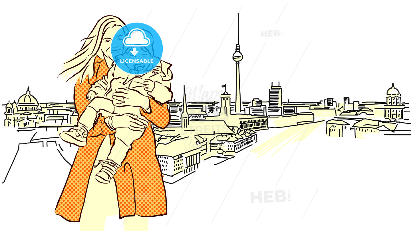 Woman with Child in Front of Berlin Panorama View. – instant download
