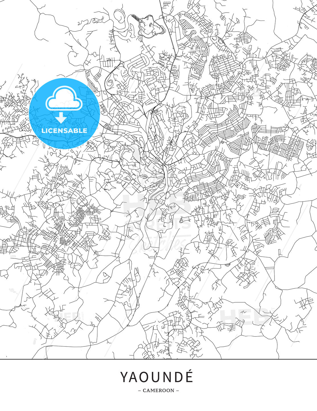 Yaoundé, Cameroon, Map poster borderless print template - HEBSTREITS