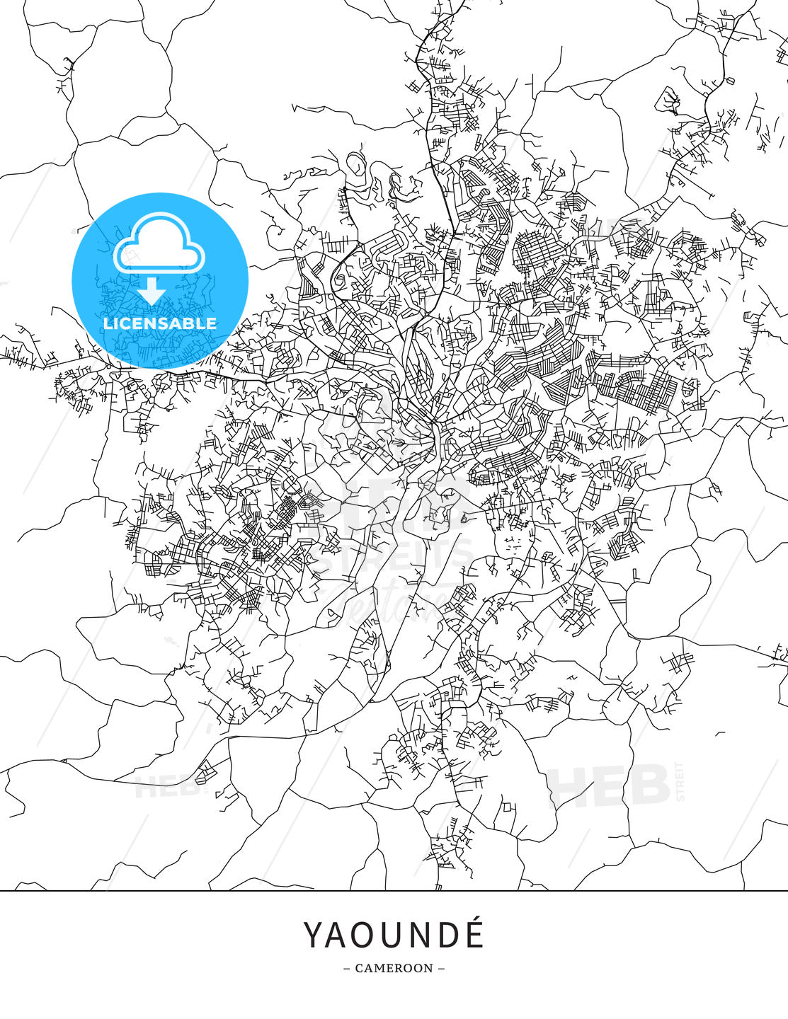 Yaoundé, Cameroon, Map poster borderless print template - HEBSTREITS