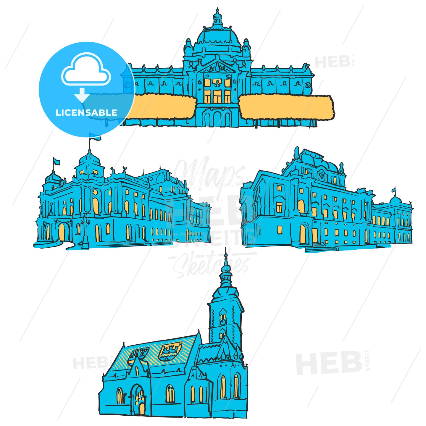 Zagreb Croatia Colored Landmarks – instant download